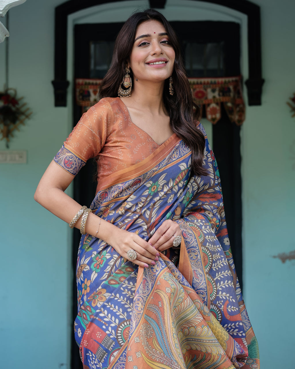 Royal Blue & Rust Handloom Cotton Saree with Bold Floral Print & Grand Peacock Pallu