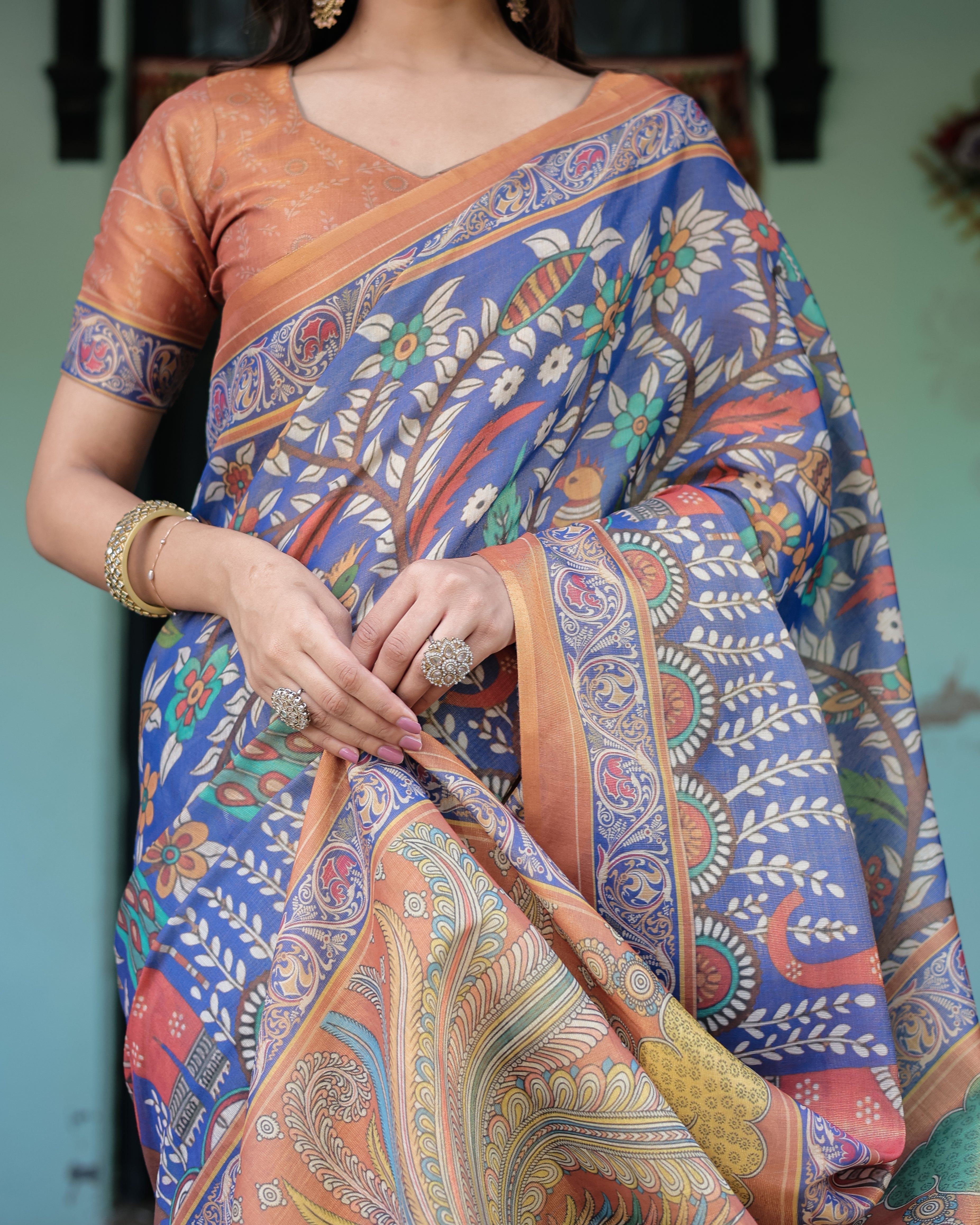 Royal Blue & Rust Handloom Cotton Saree with Bold Floral Print & Grand Peacock Pallu