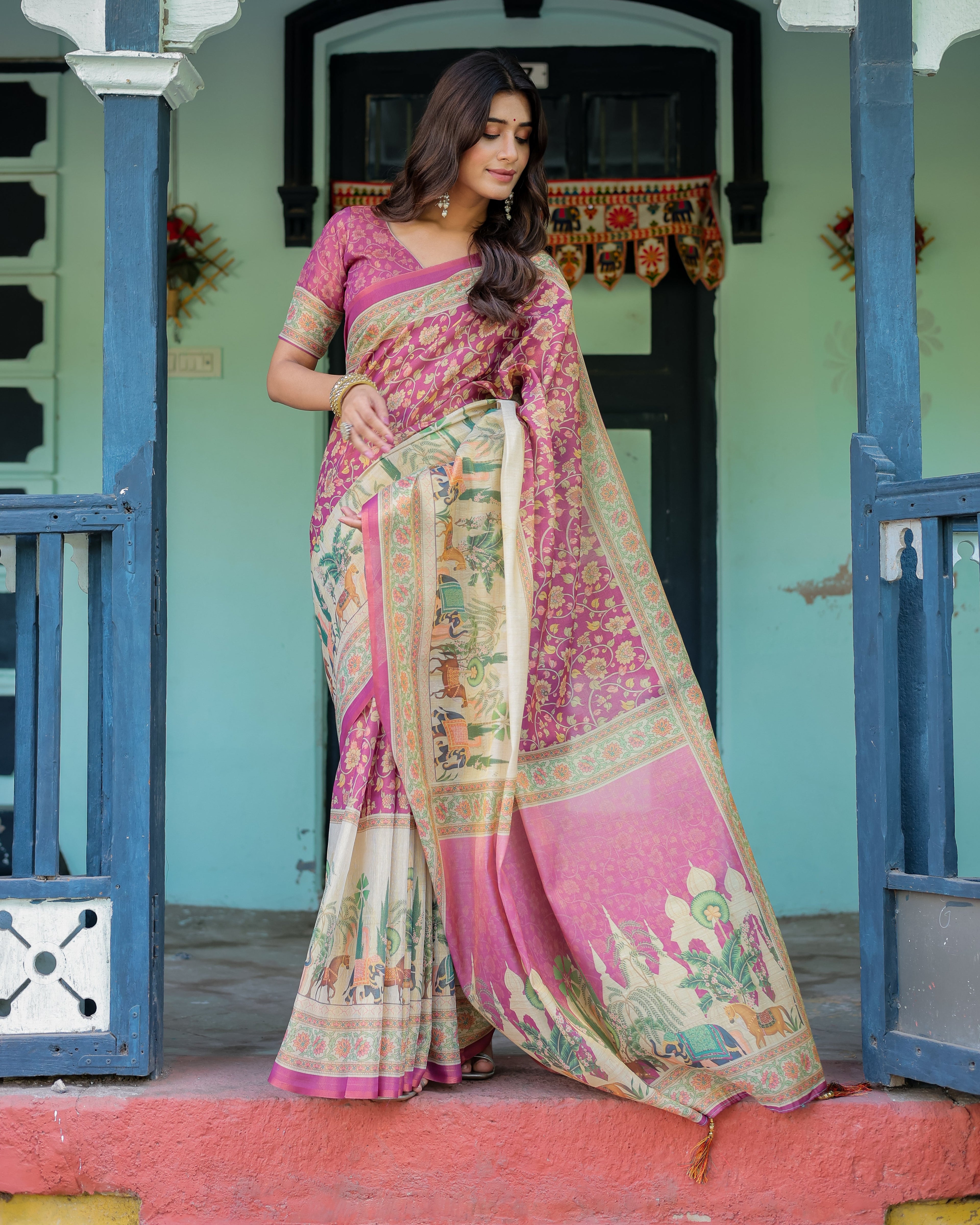 Magenta Pink Handloom Cotton Saree with Floral Vines & Royal Elephant Procession Pallu