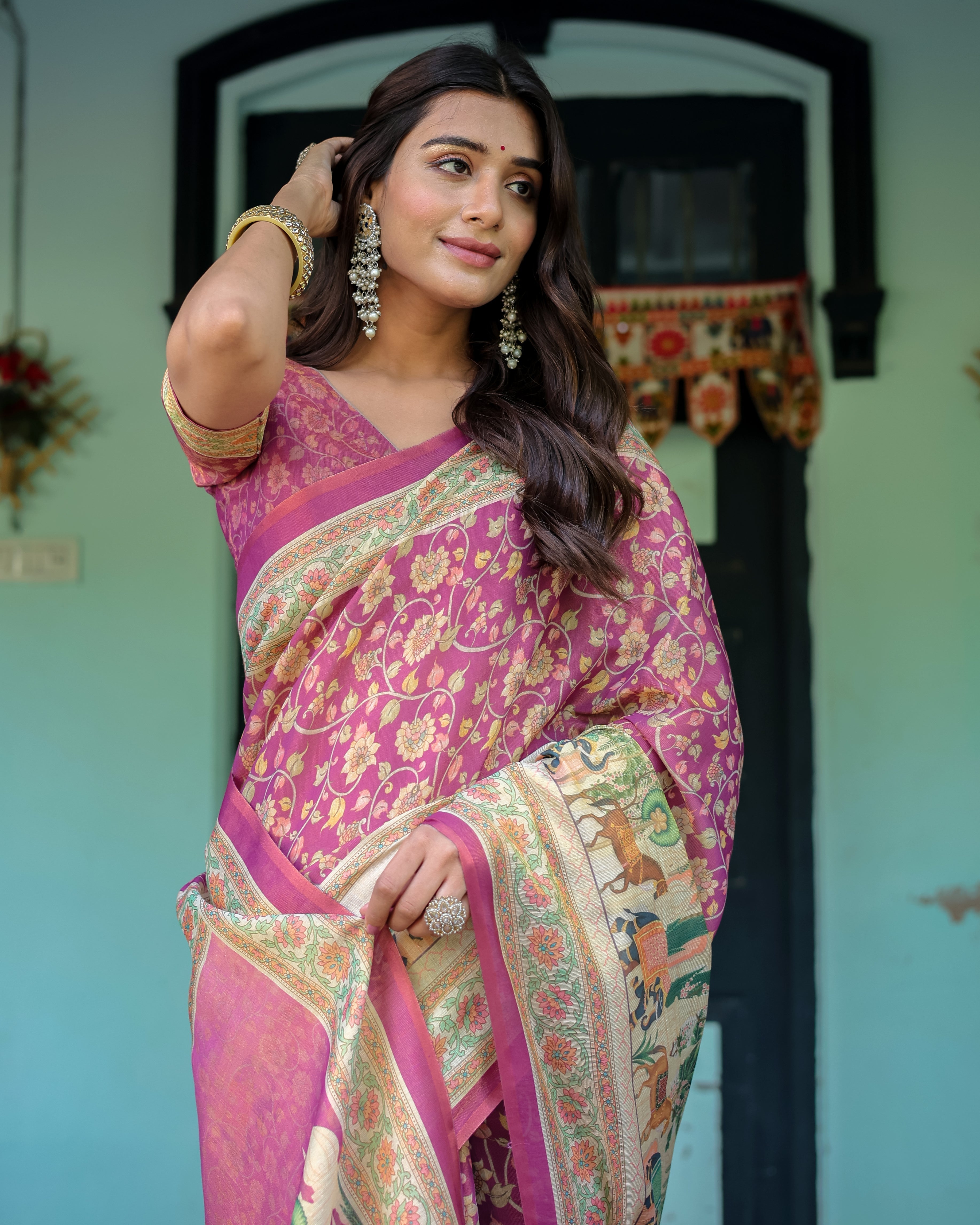 Magenta Pink Handloom Cotton Saree with Floral Vines & Royal Elephant Procession Pallu