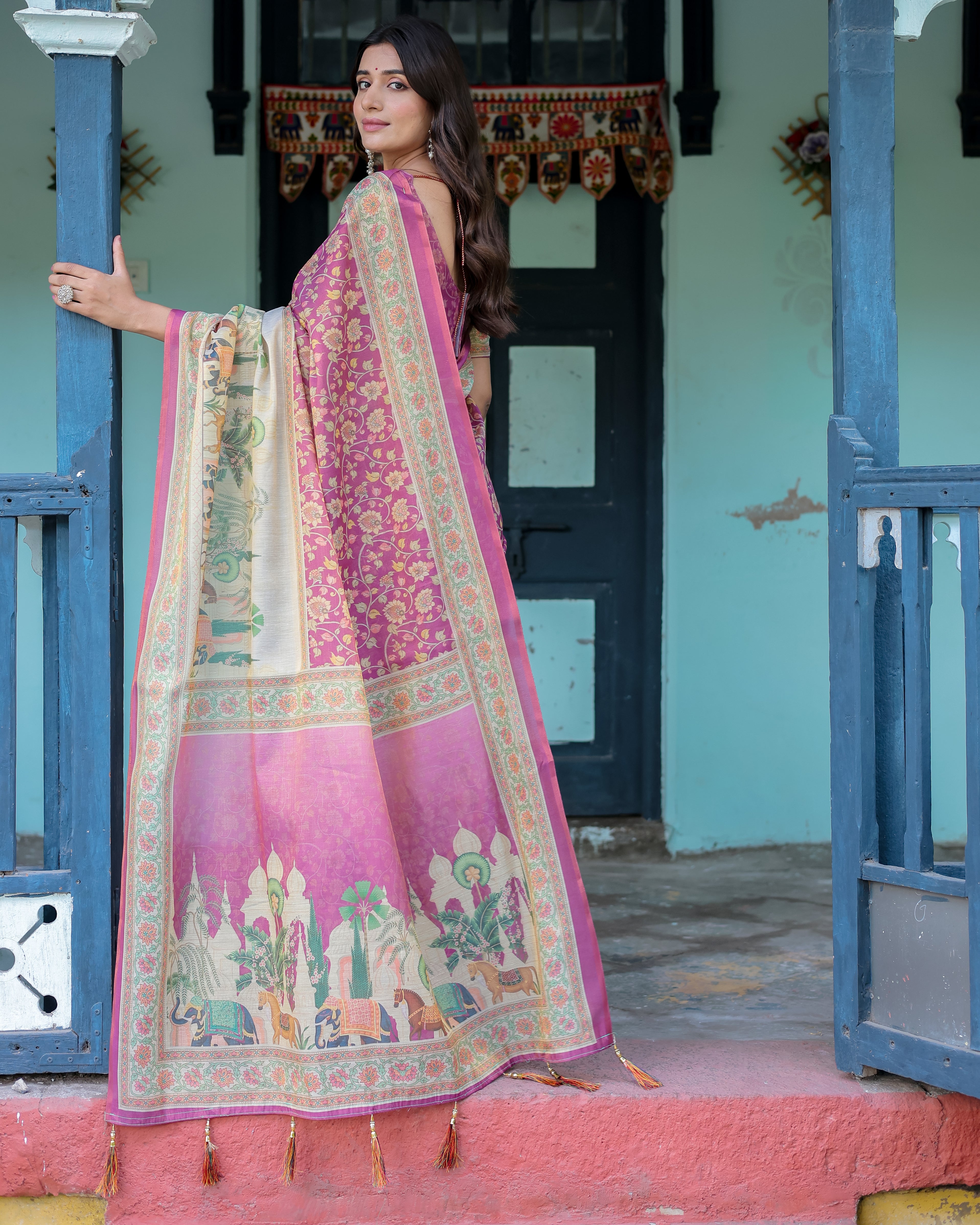 Magenta Pink Handloom Cotton Saree with Floral Vines & Royal Elephant Procession Pallu