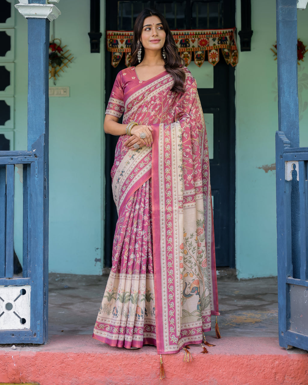 Rose Pink Handloom Cotton Saree with Ivory Elephant Procession Pallu & Floral Print