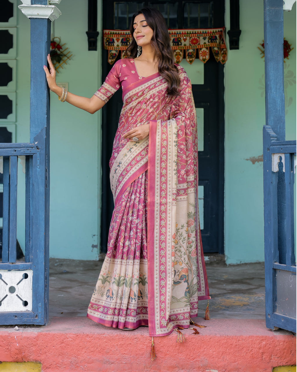 Rose Pink Handloom Cotton Saree with Ivory Elephant Procession Pallu & Floral Print