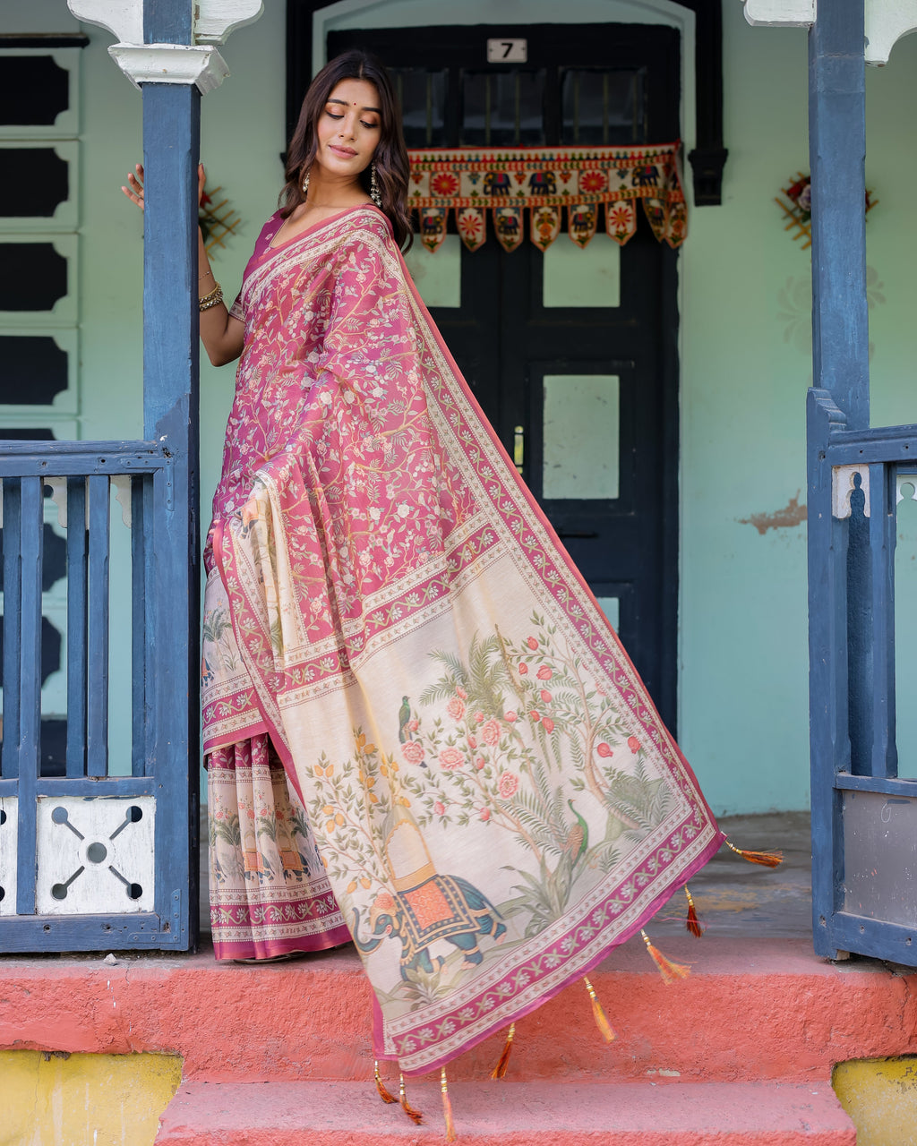 Rose Pink Handloom Cotton Saree with Ivory Elephant Procession Pallu & Floral Print