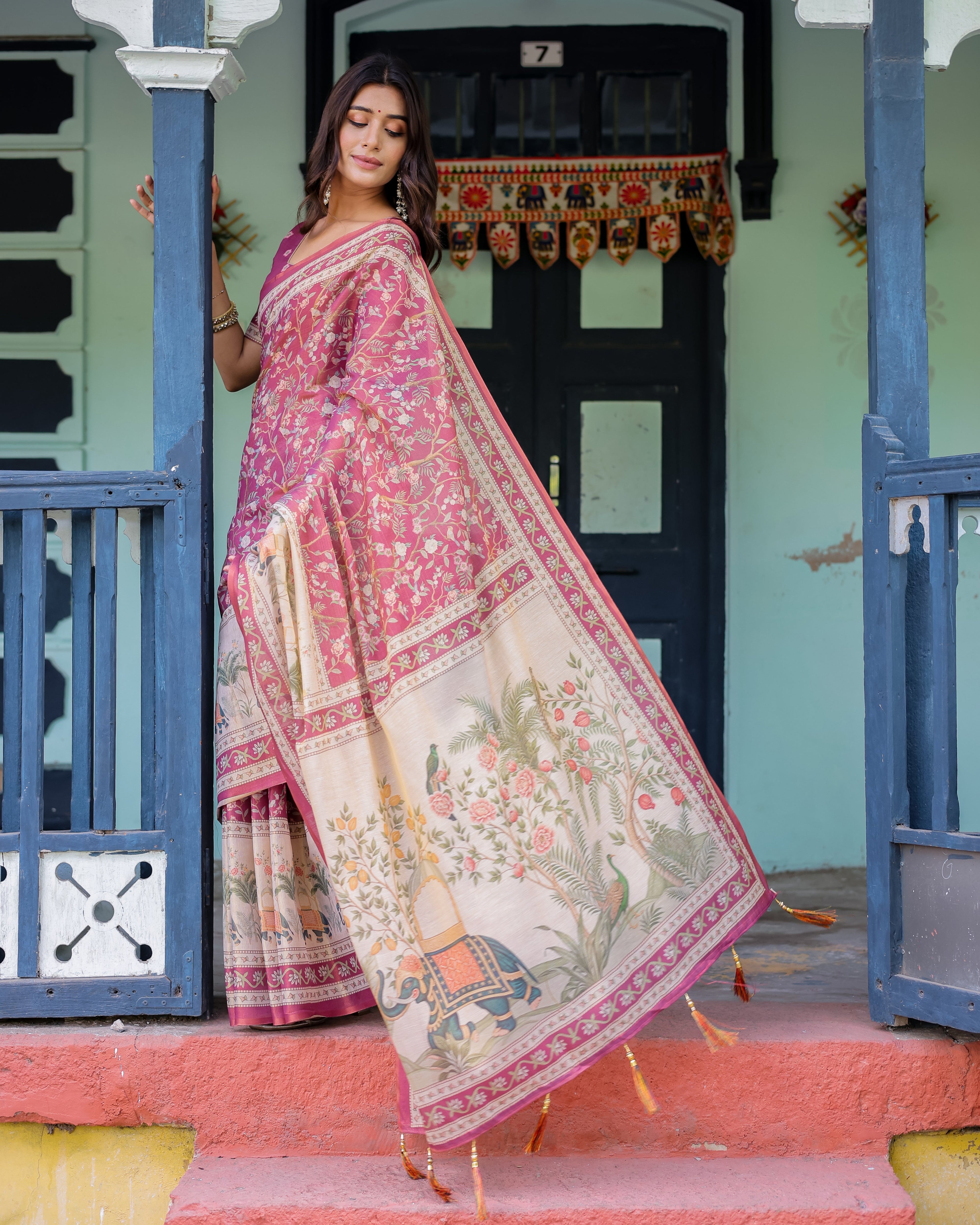 Rose Pink Handloom Cotton Saree with Ivory Elephant Procession Pallu & Floral Print