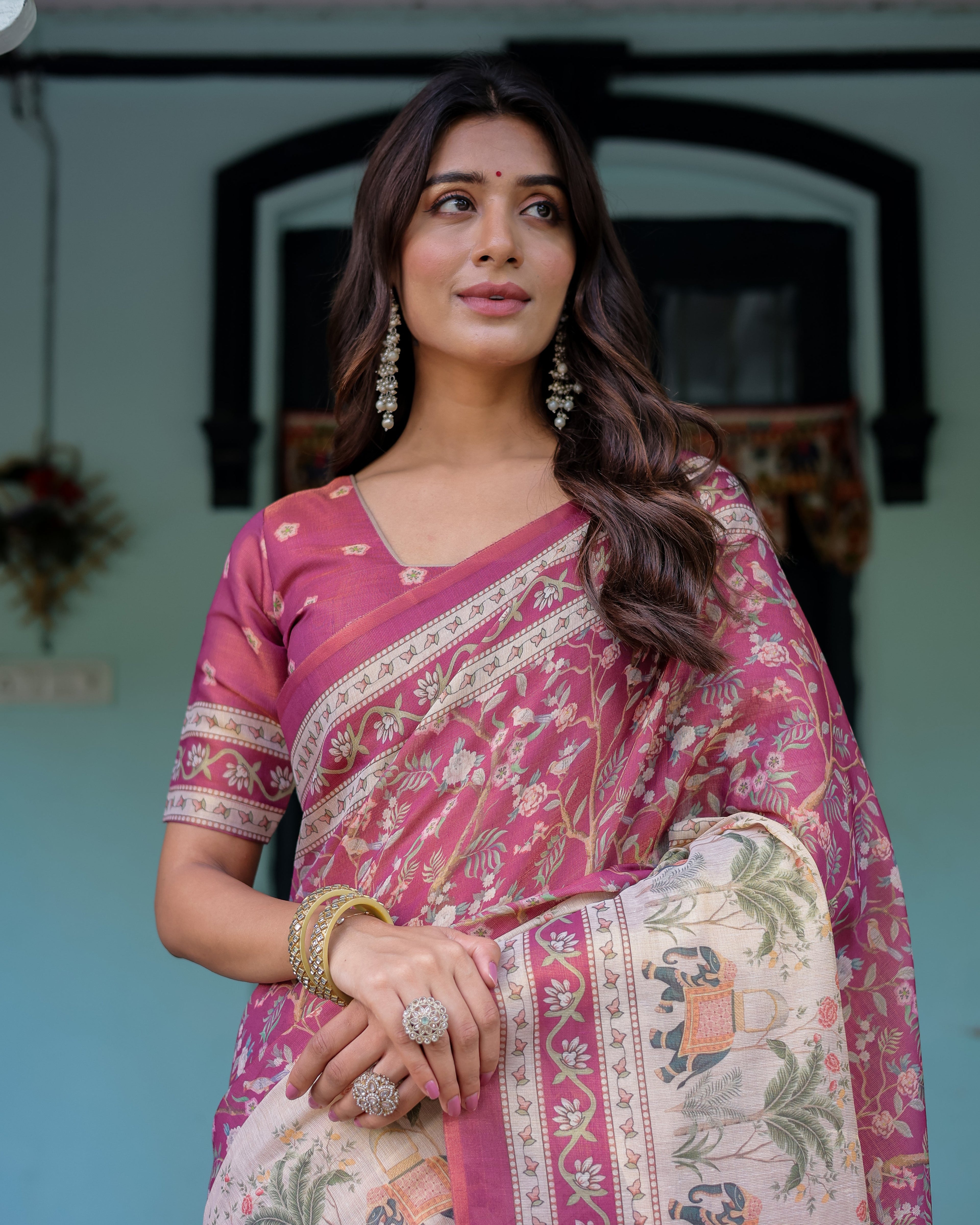 Rose Pink Handloom Cotton Saree with Ivory Elephant Procession Pallu & Floral Print