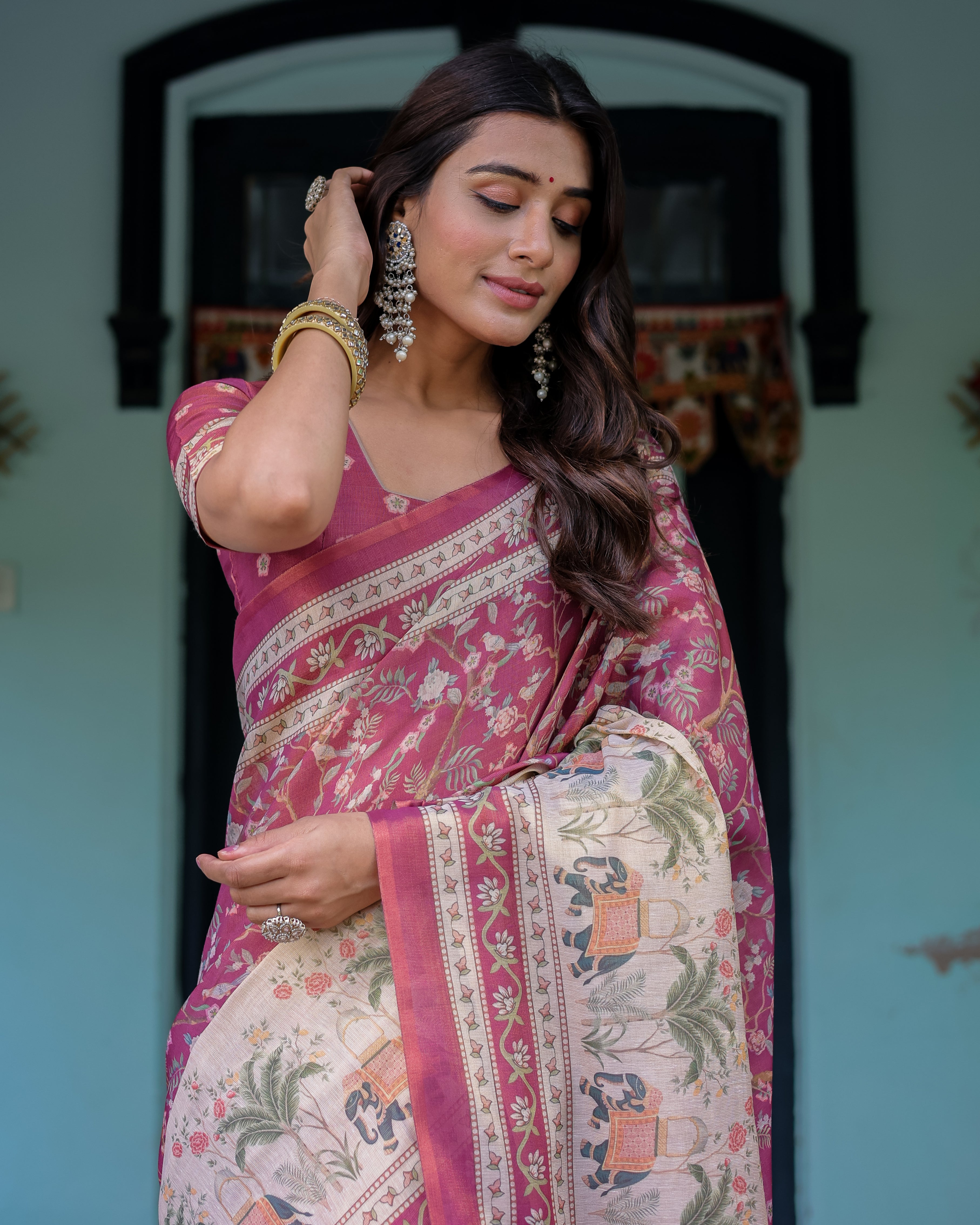 Rose Pink Handloom Cotton Saree with Ivory Elephant Procession Pallu & Floral Print