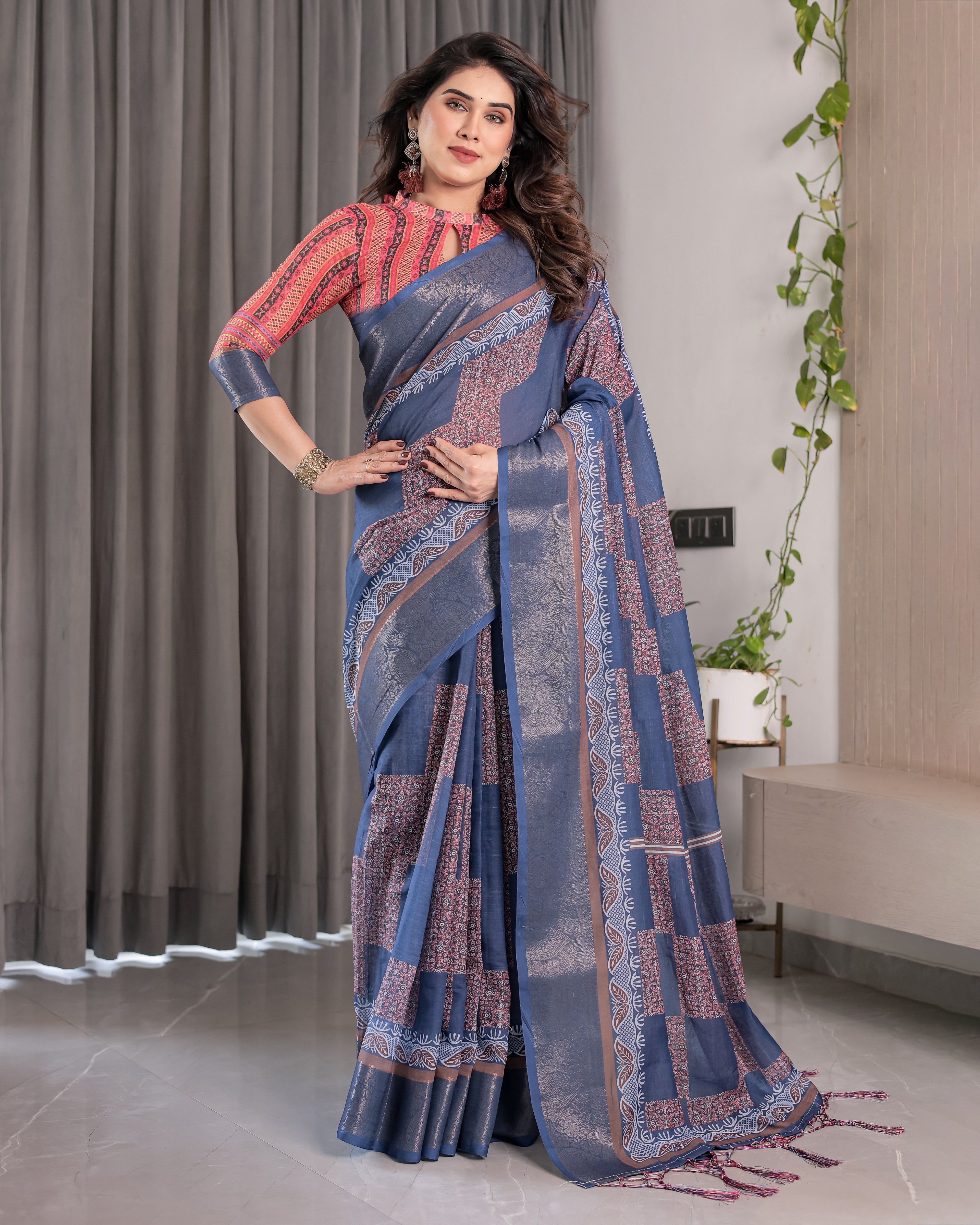 Slate Blue Handloom Linen Saree with Copper Zari Border & Geometric Digital Block Prints | Contrast Tassels & Attached Blouse | 5.5m Saree + 0.8m Blouse