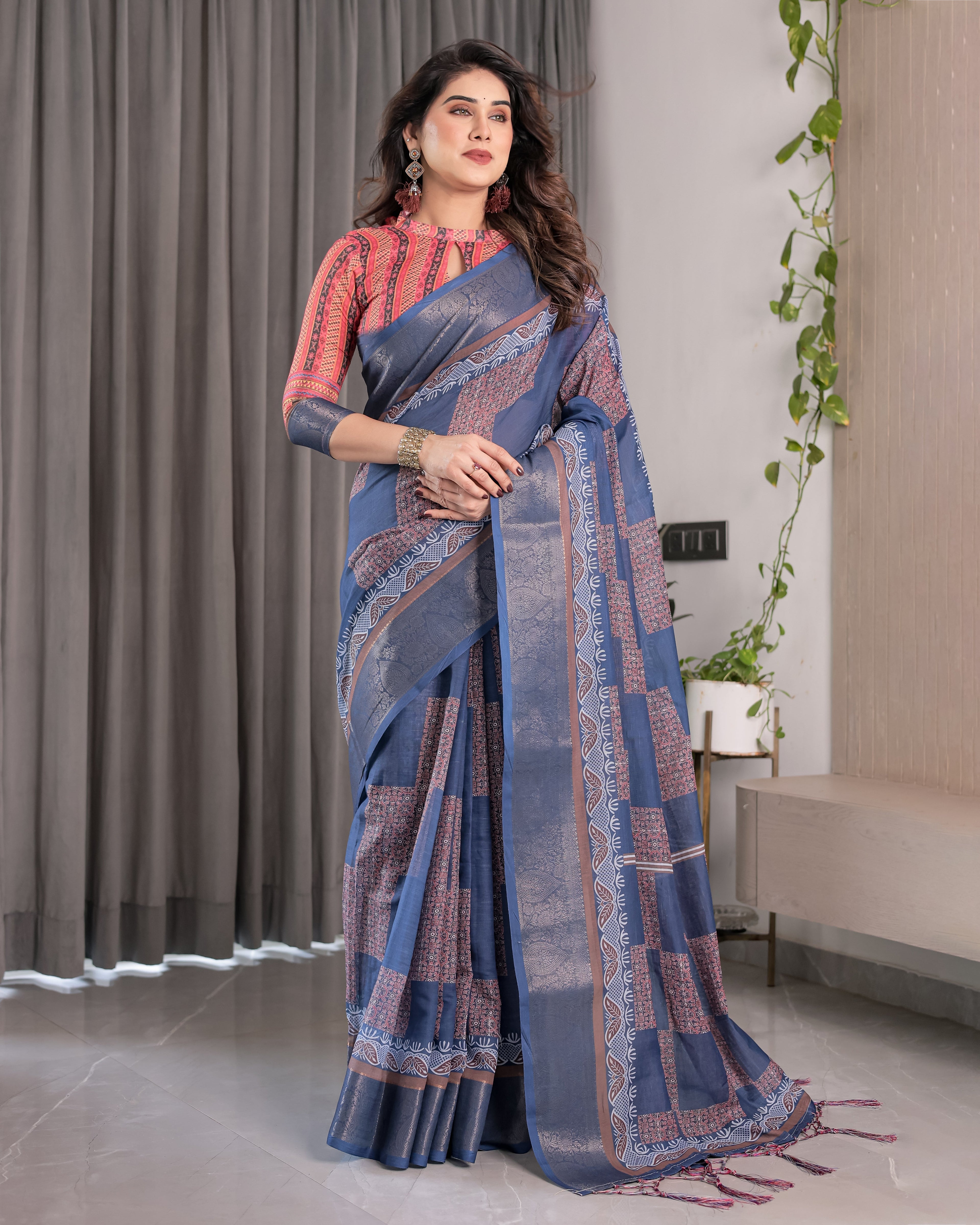 Slate Blue Handloom Linen Saree with Copper Zari Border & Geometric Digital Block Prints | Contrast Tassels & Attached Blouse | 5.5m Saree + 0.8m Blouse