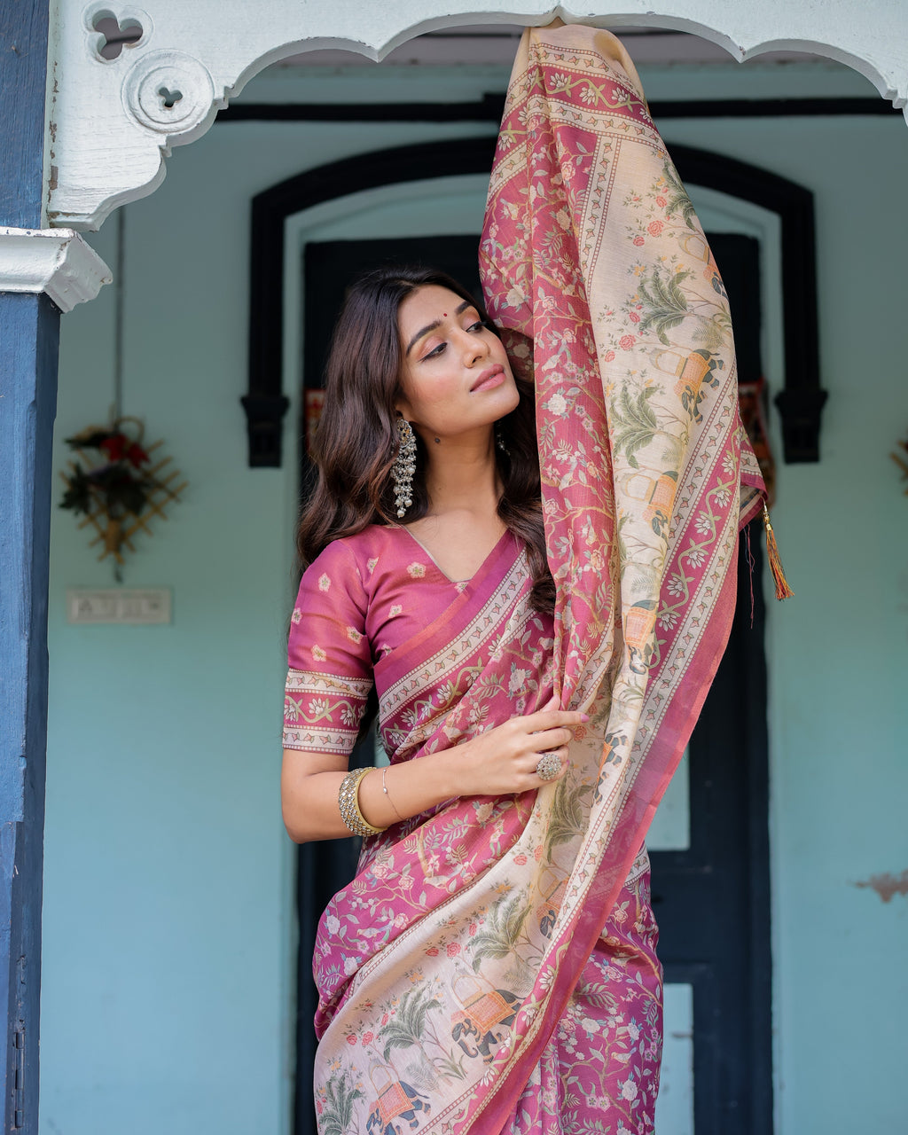 Rose Pink Handloom Cotton Saree with Ivory Elephant Procession Pallu & Floral Print