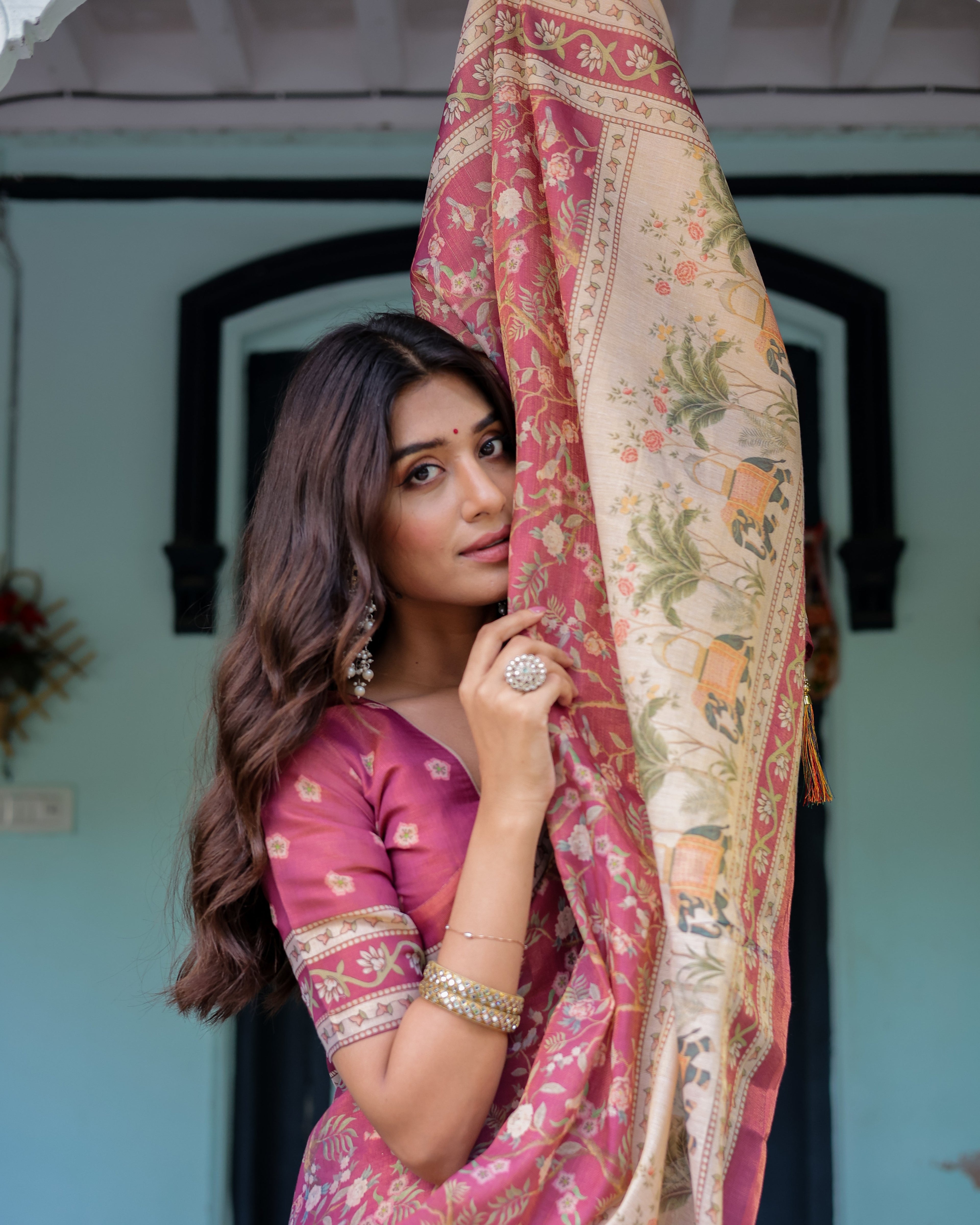 Rose Pink Handloom Cotton Saree with Ivory Elephant Procession Pallu & Floral Print