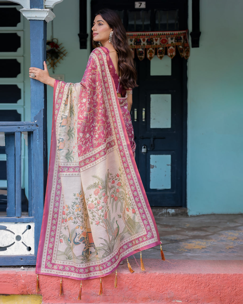 Rose Pink Handloom Cotton Saree with Ivory Elephant Procession Pallu & Floral Print
