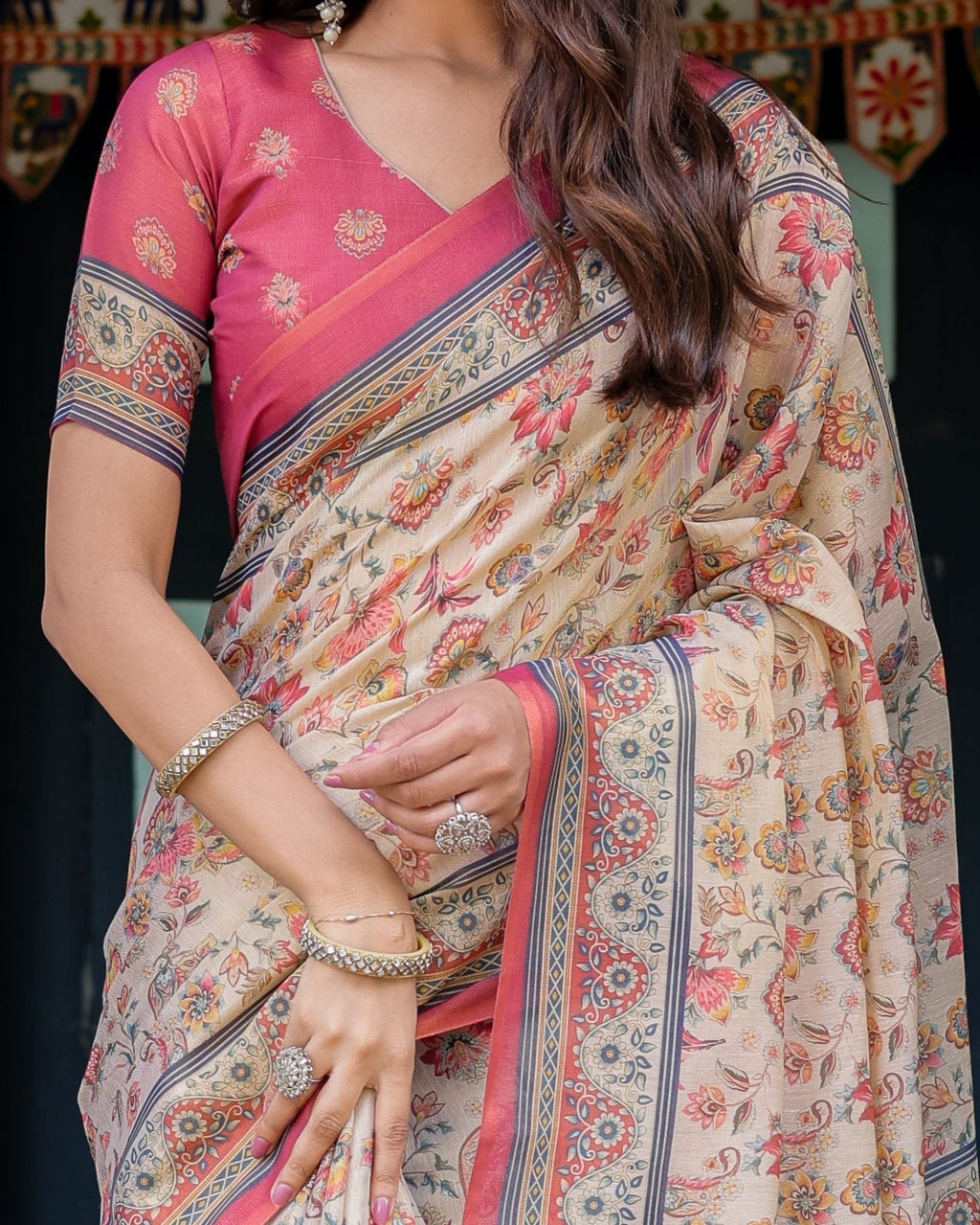 Ivory Pink Handloom Cotton Saree with Floral Print & Traditional Peacock Arch Pallu
