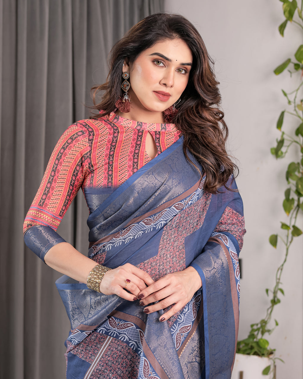 Slate Blue Handloom Linen Saree with Copper Zari Border & Geometric Digital Block Prints | Contrast Tassels & Attached Blouse | 5.5m Saree + 0.8m Blouse