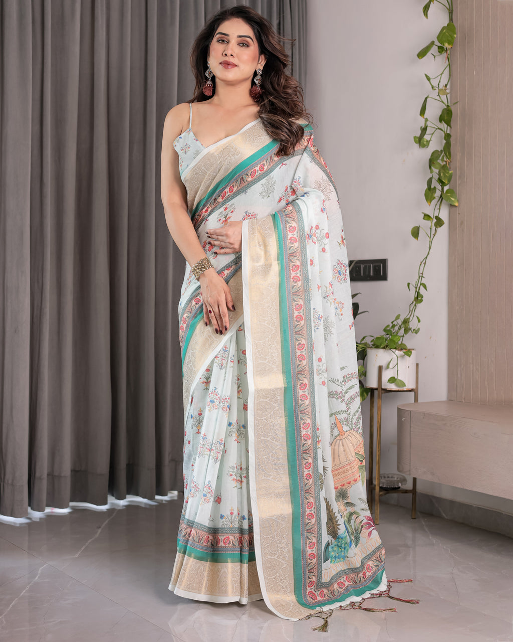 Ivory White Handloom Linen Saree with Royal Palace & Elephant Print | Gold Zari Border & Tassels | 5.5m Saree + 0.8m Blouse