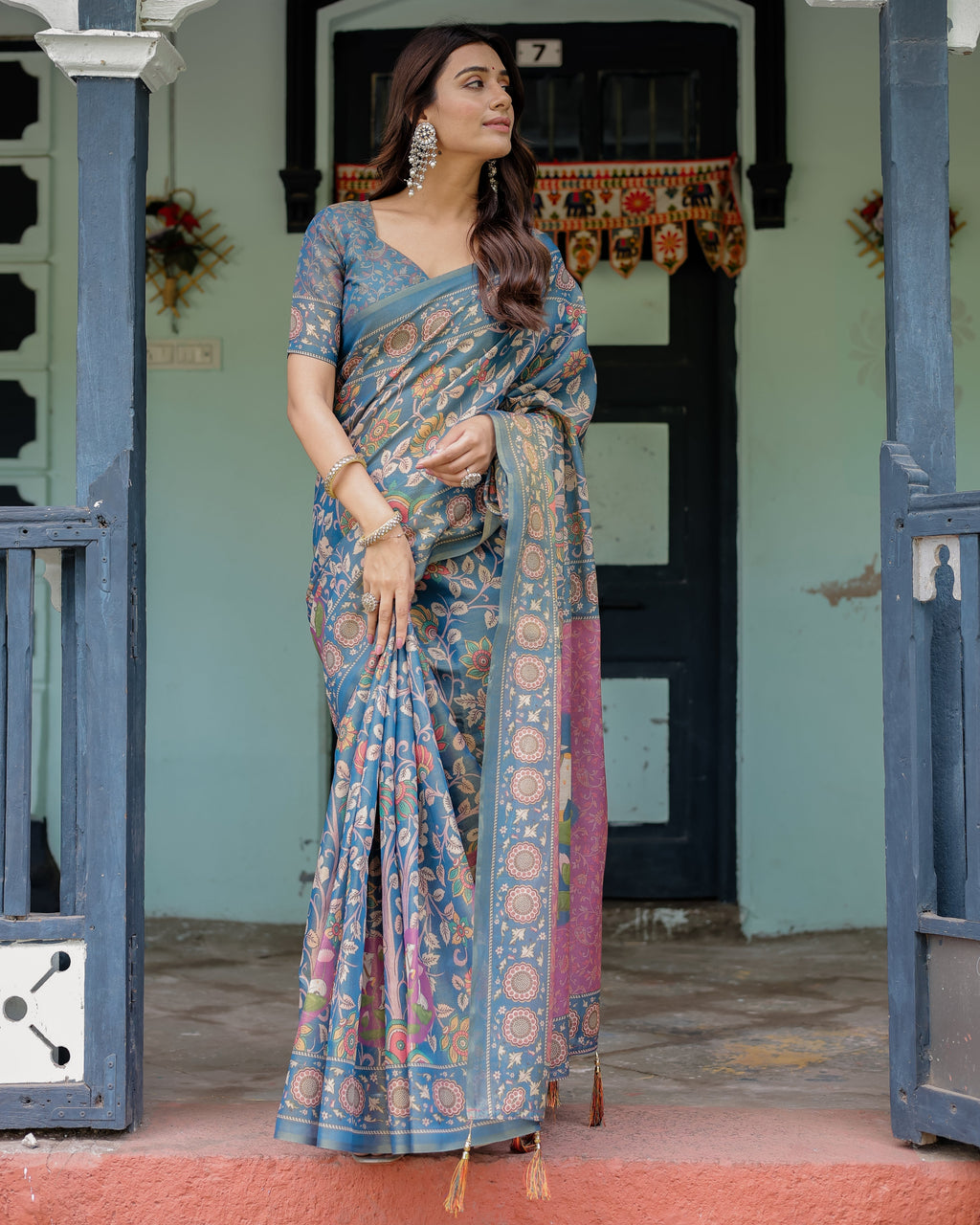 Dusty Blue Handloom Cotton Saree with Floral Print & Pink Cow Lotus Motif Pallu