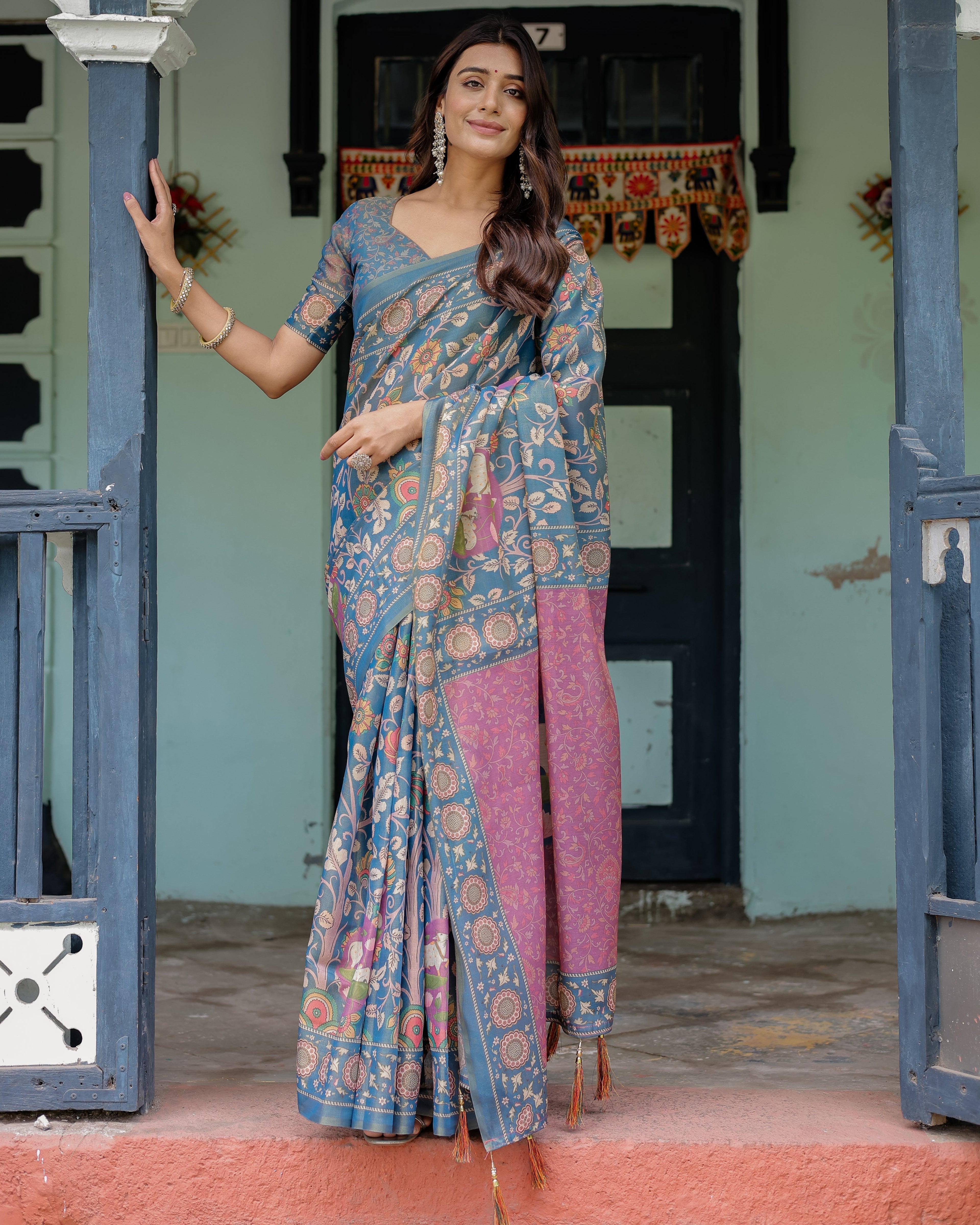 Dusty Blue Handloom Cotton Saree with Floral Print & Pink Cow Lotus Motif Pallu