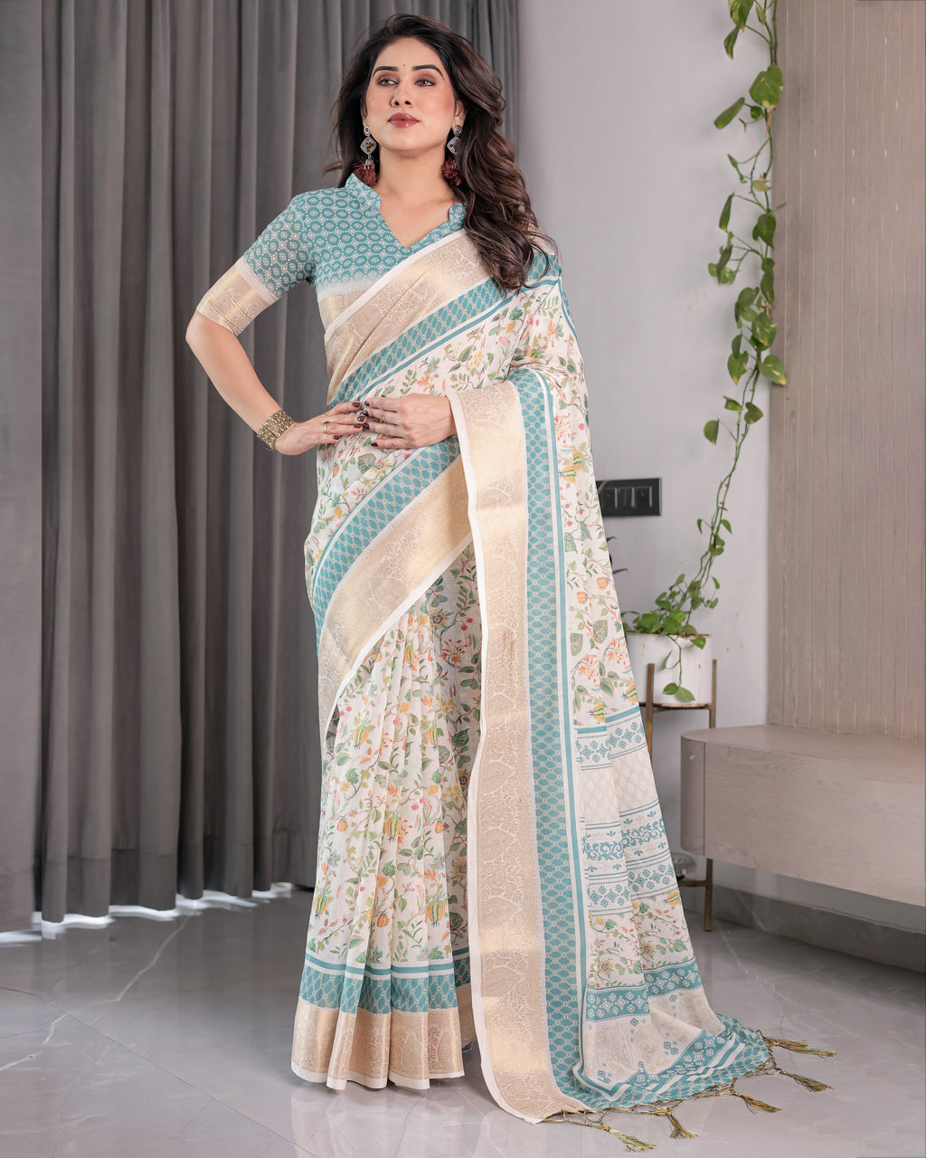 Ivory White Handloom Linen Saree with Aqua Floral Print & Gold Zari Border | Printed Pallu with Tassels | 5.5m Saree + 0.8m Blouse