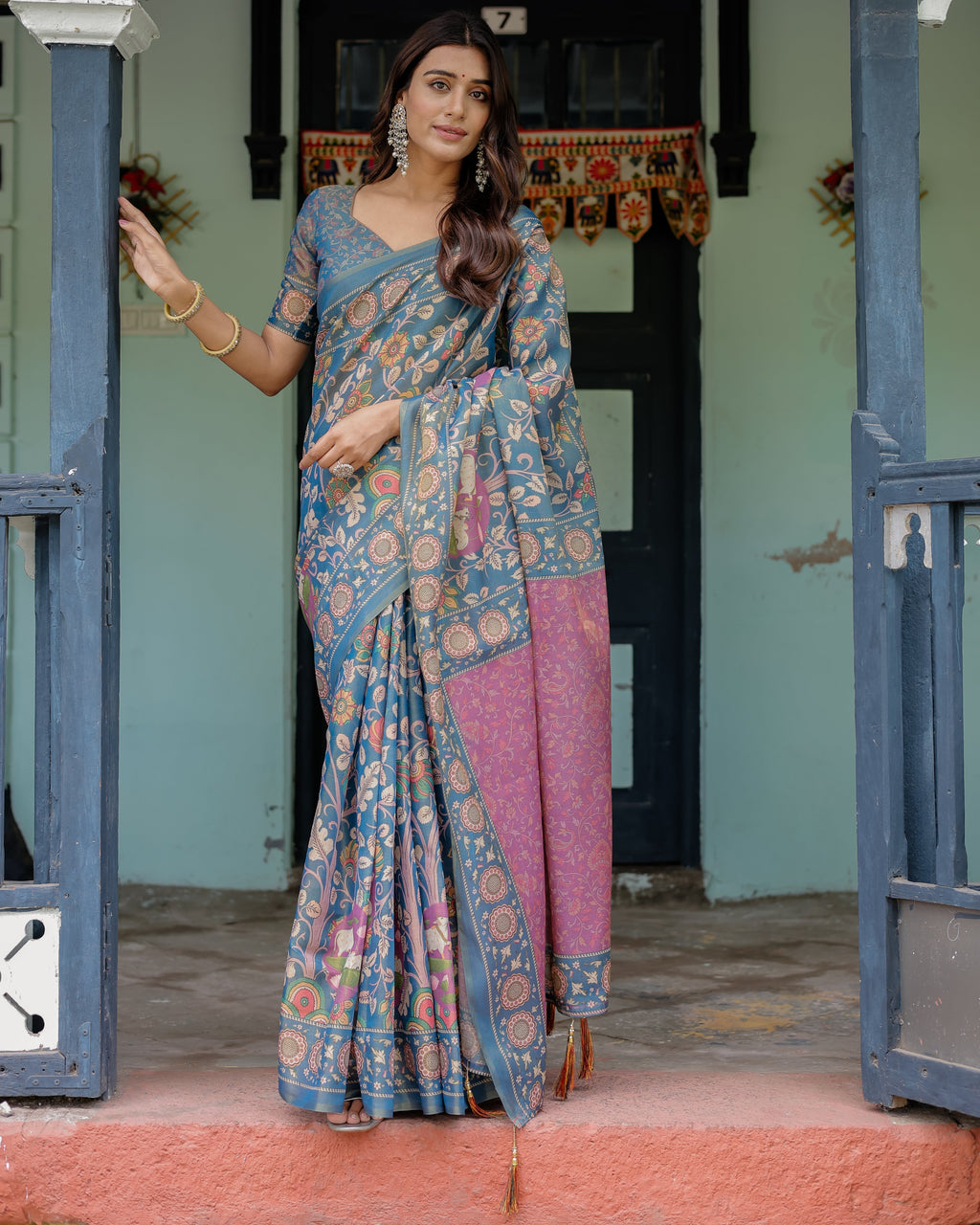 Dusty Blue Handloom Cotton Saree with Floral Print & Pink Cow Lotus Motif Pallu