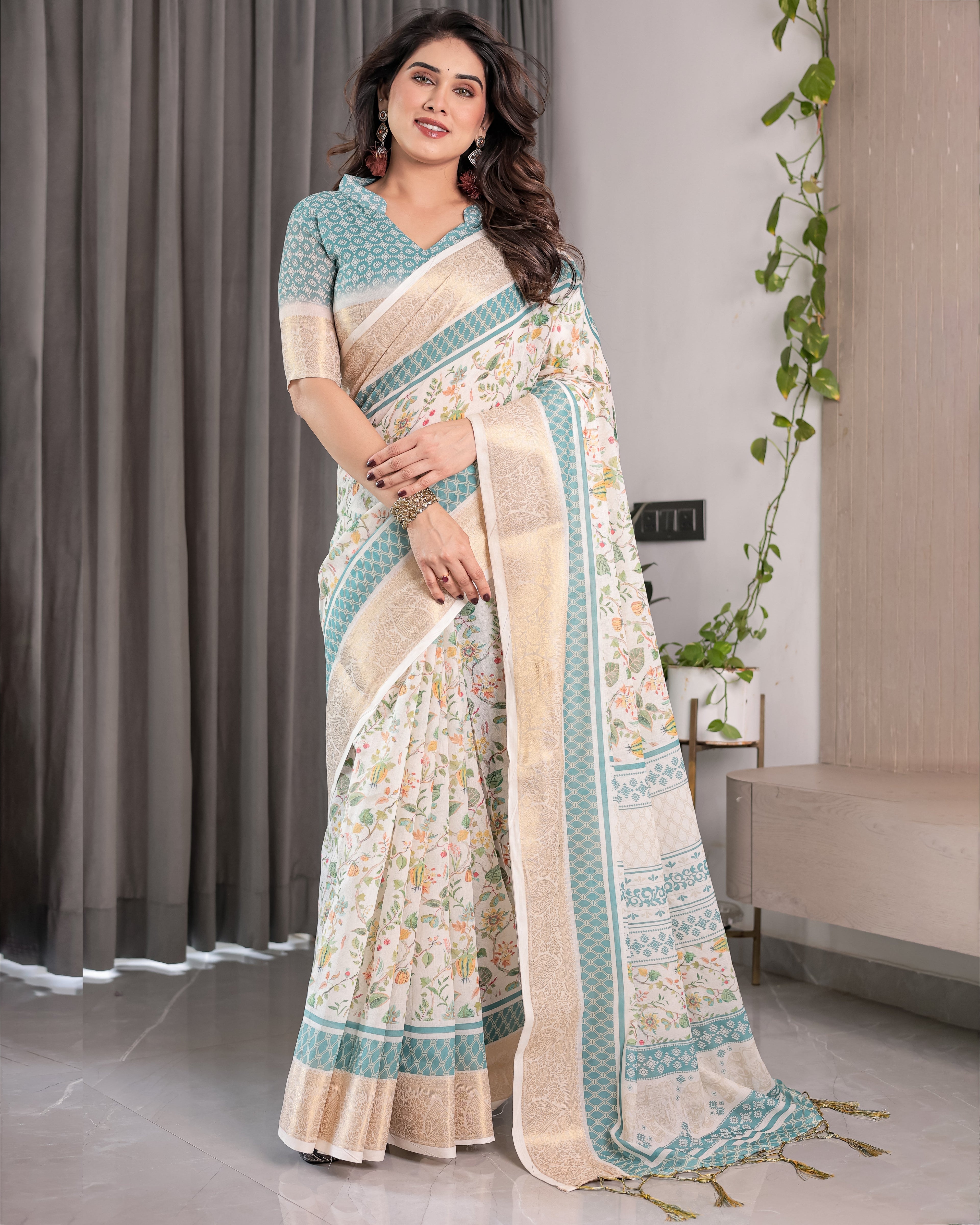 Ivory White Handloom Linen Saree with Aqua Floral Print & Gold Zari Border | Printed Pallu with Tassels | 5.5m Saree + 0.8m Blouse