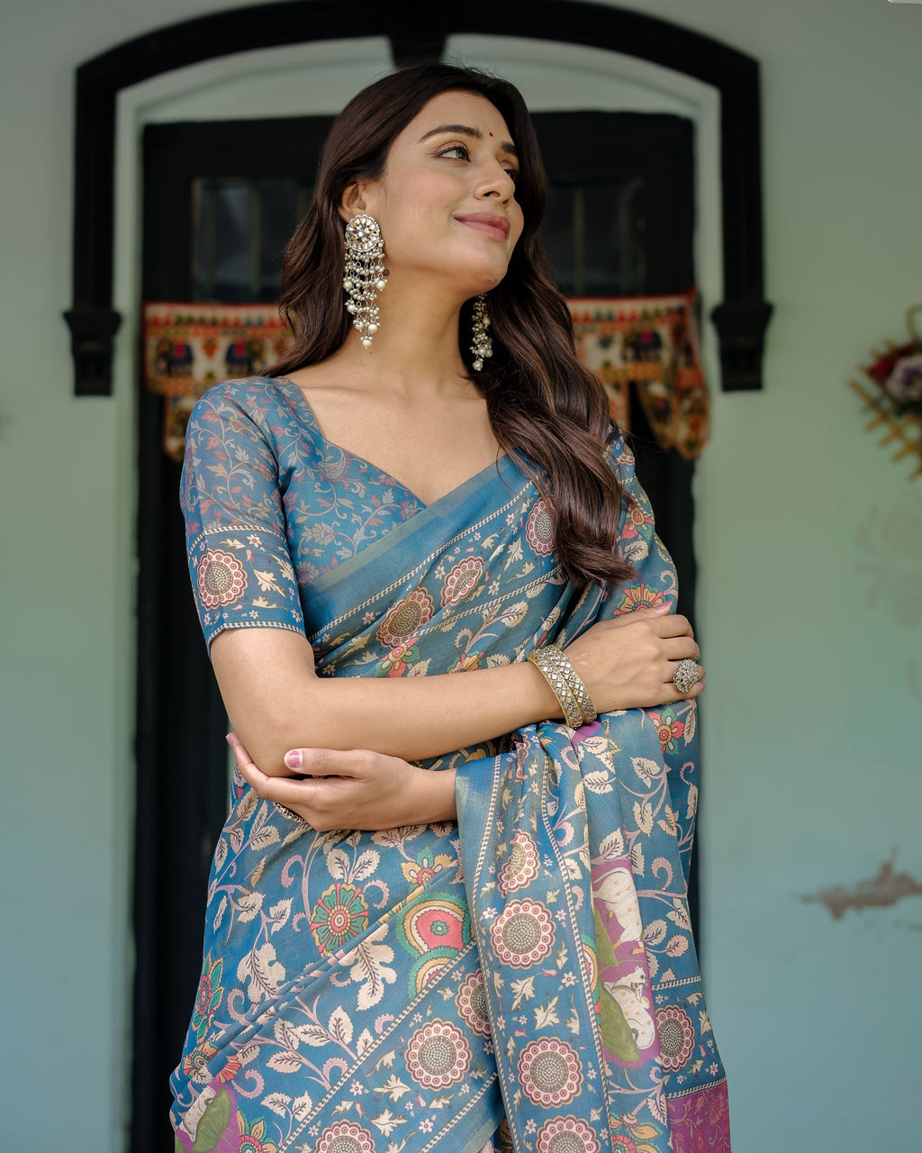 Dusty Blue Handloom Cotton Saree with Floral Print & Pink Cow Lotus Motif Pallu