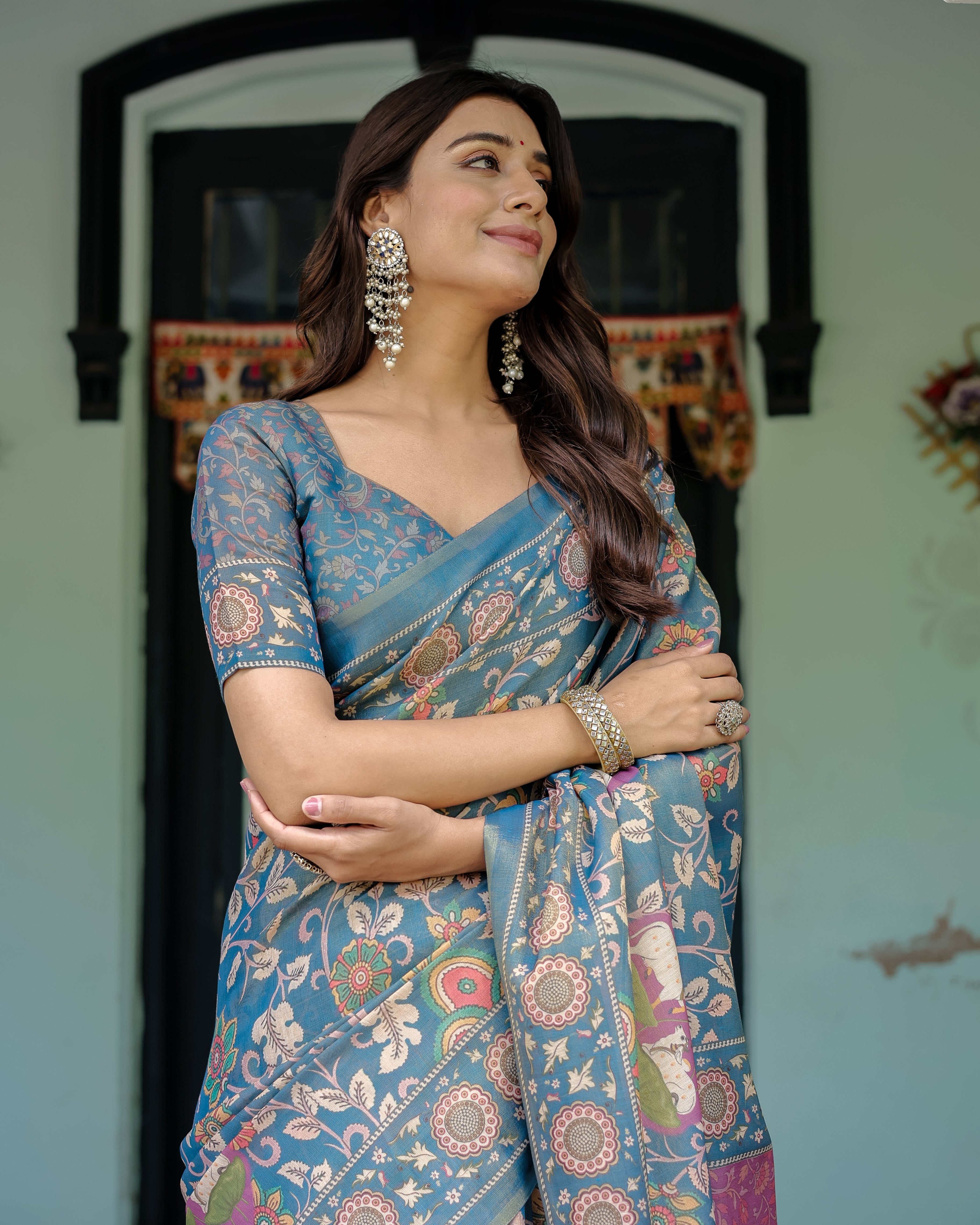 Dusty Blue Handloom Cotton Saree with Floral Print & Pink Cow Lotus Motif Pallu