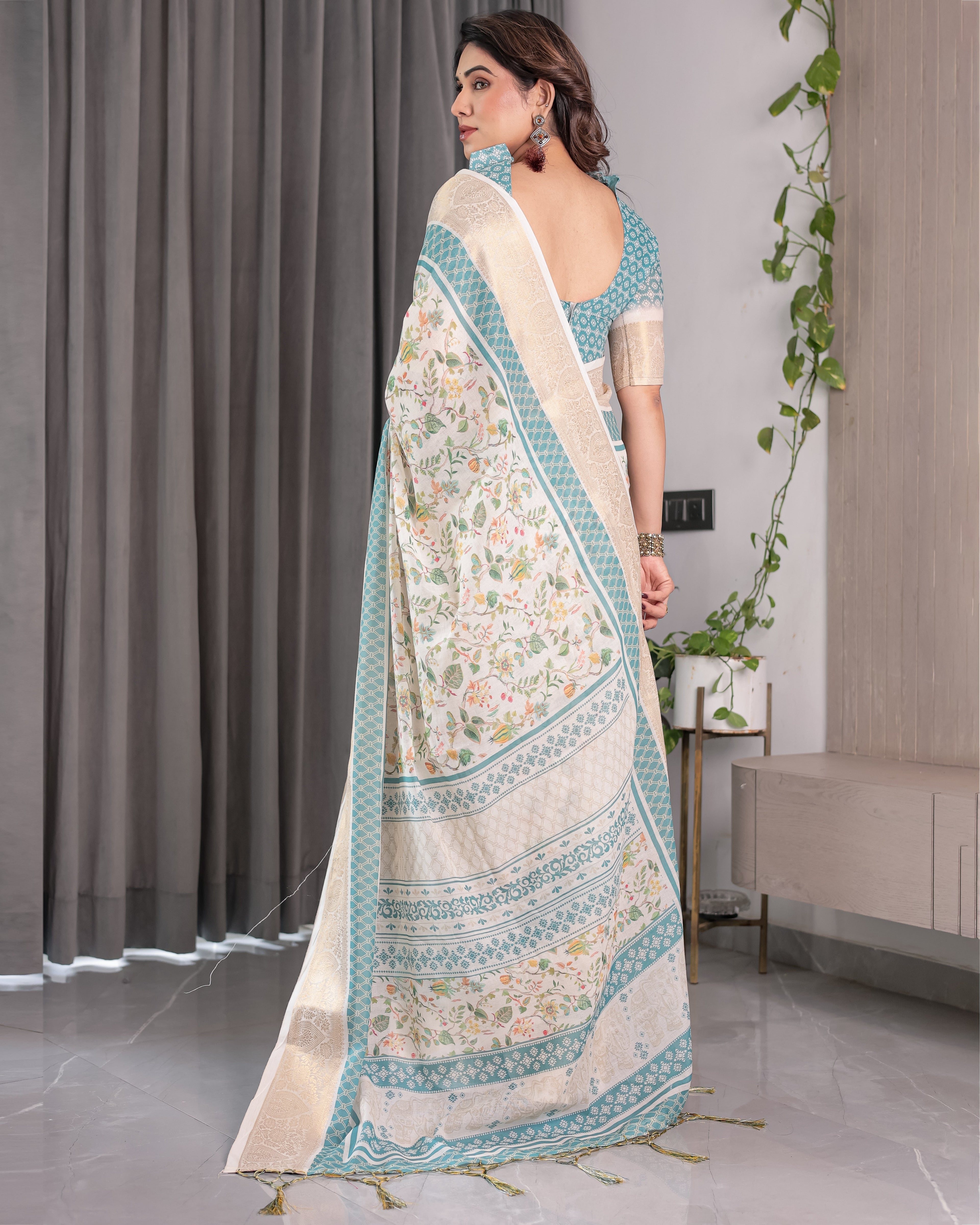 Ivory White Handloom Linen Saree with Aqua Floral Print & Gold Zari Border | Printed Pallu with Tassels | 5.5m Saree + 0.8m Blouse