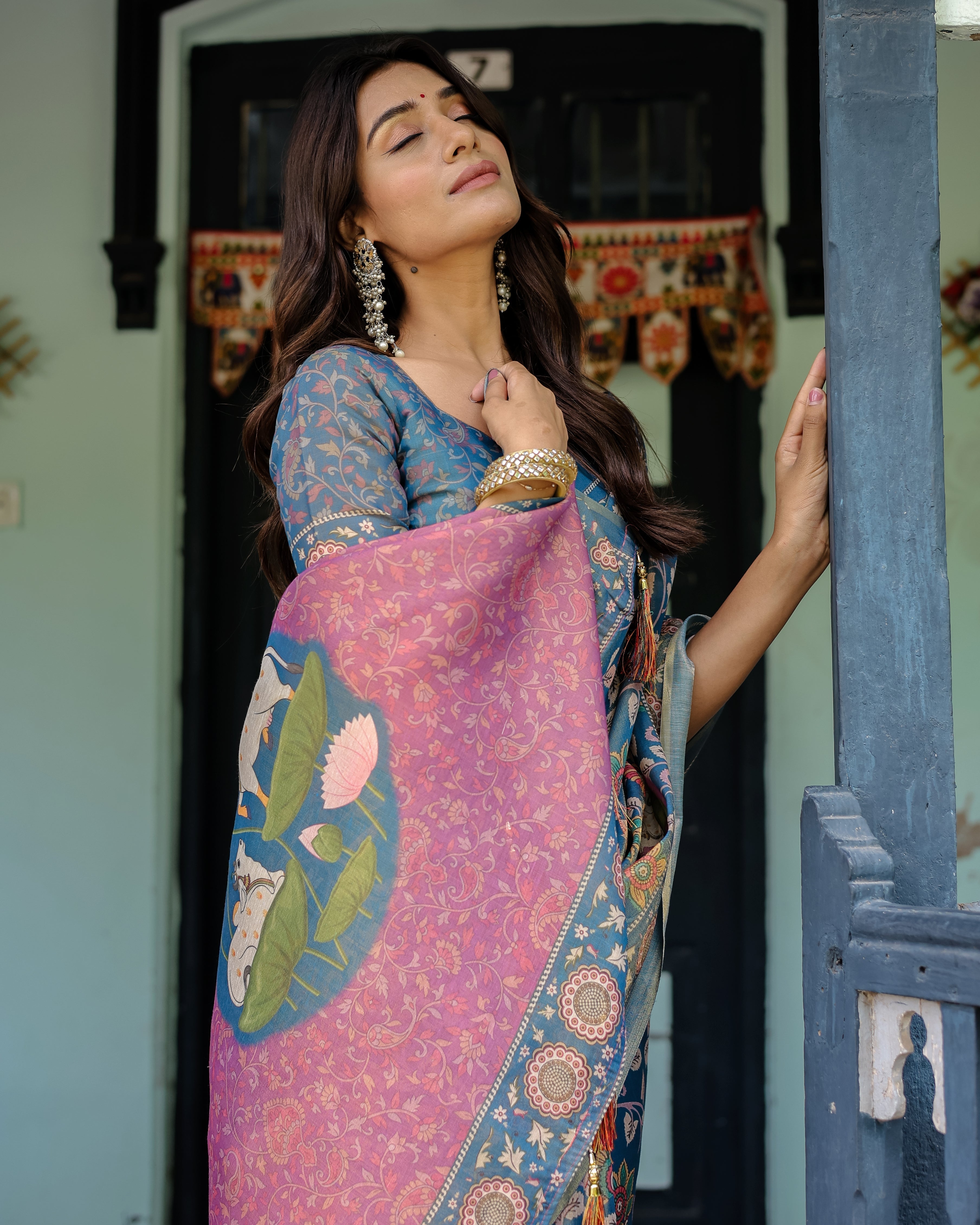 Dusty Blue Handloom Cotton Saree with Floral Print & Pink Cow Lotus Motif Pallu