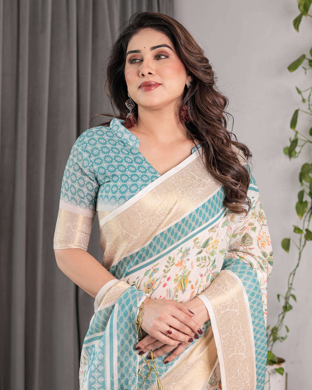 Ivory White Handloom Linen Saree with Aqua Floral Print & Gold Zari Border | Printed Pallu with Tassels | 5.5m Saree + 0.8m Blouse