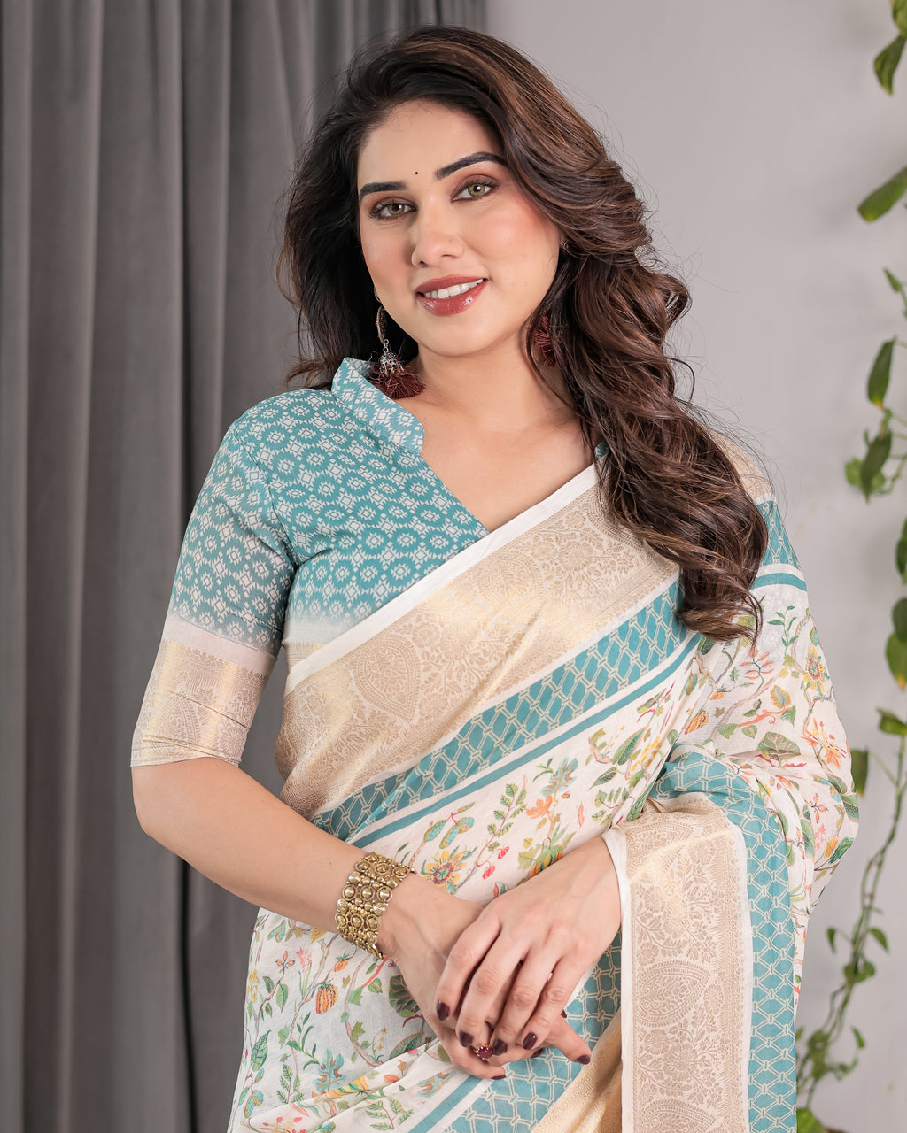 Ivory White Handloom Linen Saree with Aqua Floral Print & Gold Zari Border | Printed Pallu with Tassels | 5.5m Saree + 0.8m Blouse