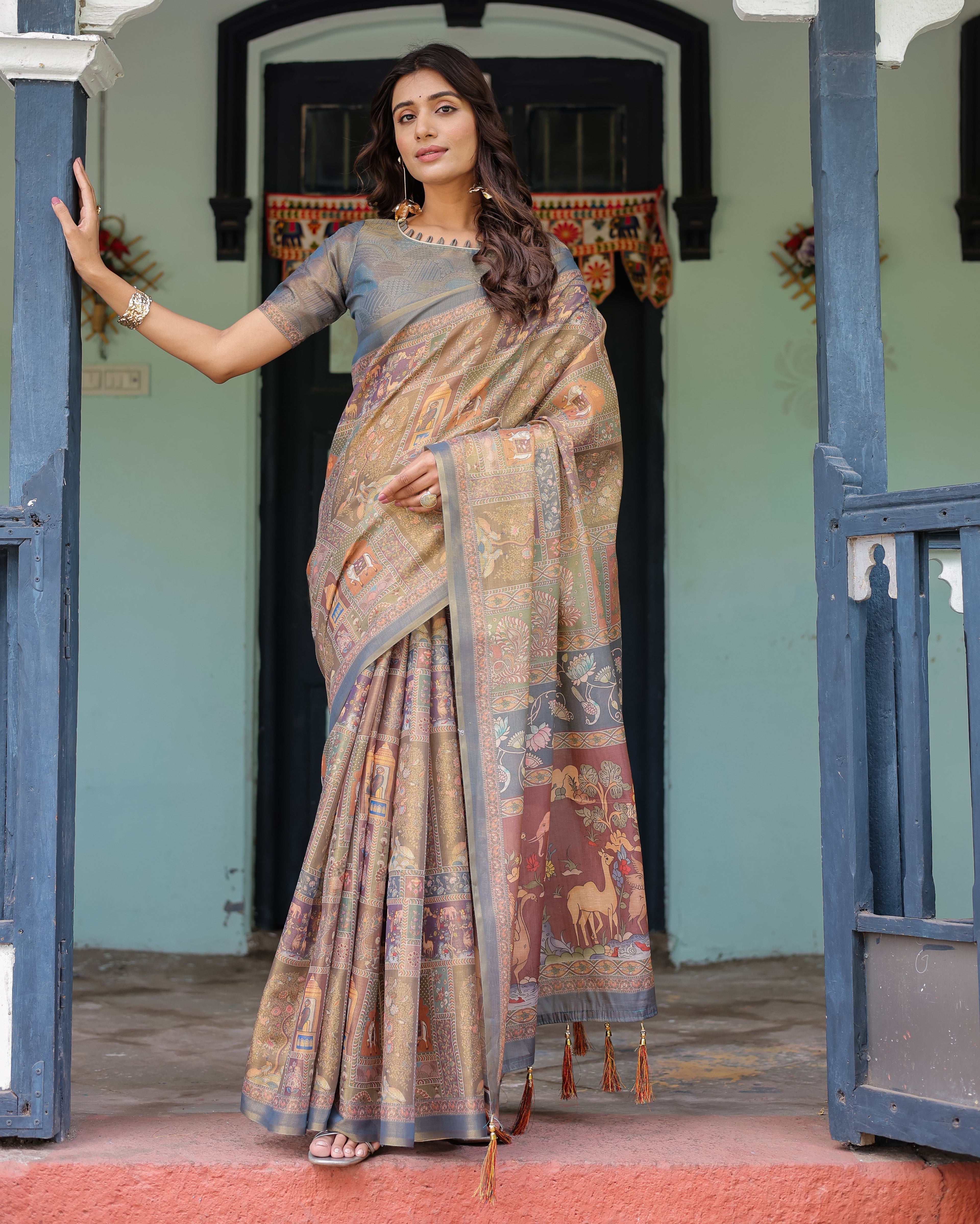 Rust Beige Handloom Cotton Saree with Royal Animal Caravan & Scenic Village Pallu