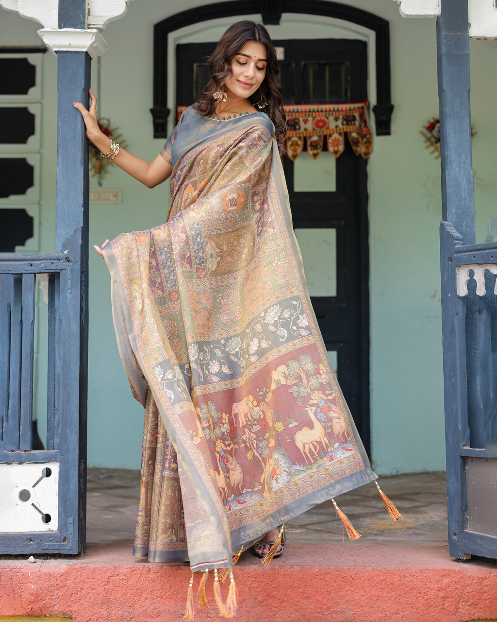 Rust Beige Handloom Cotton Saree with Royal Animal Caravan & Scenic Village Pallu