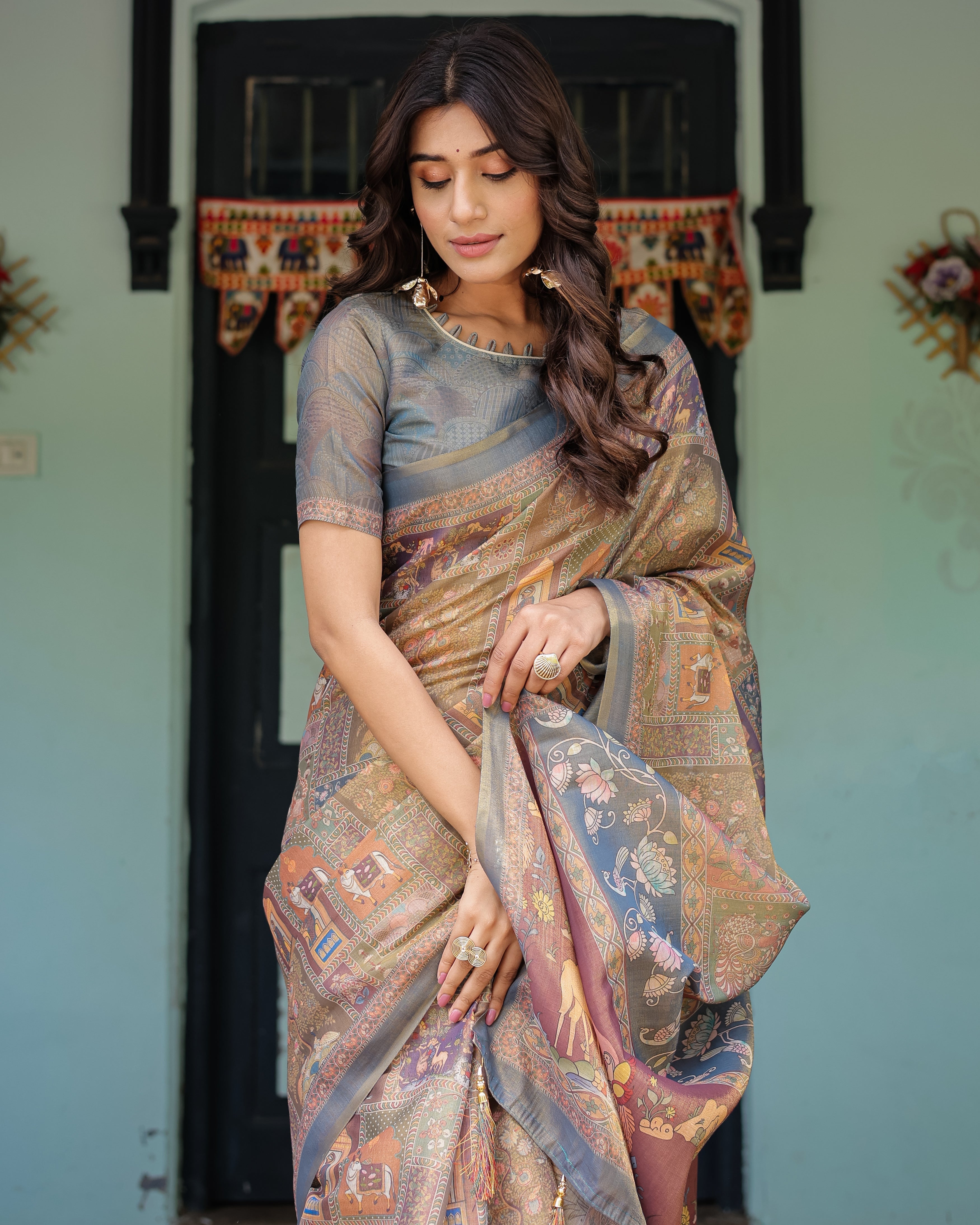 Rust Beige Handloom Cotton Saree with Royal Animal Caravan & Scenic Village Pallu