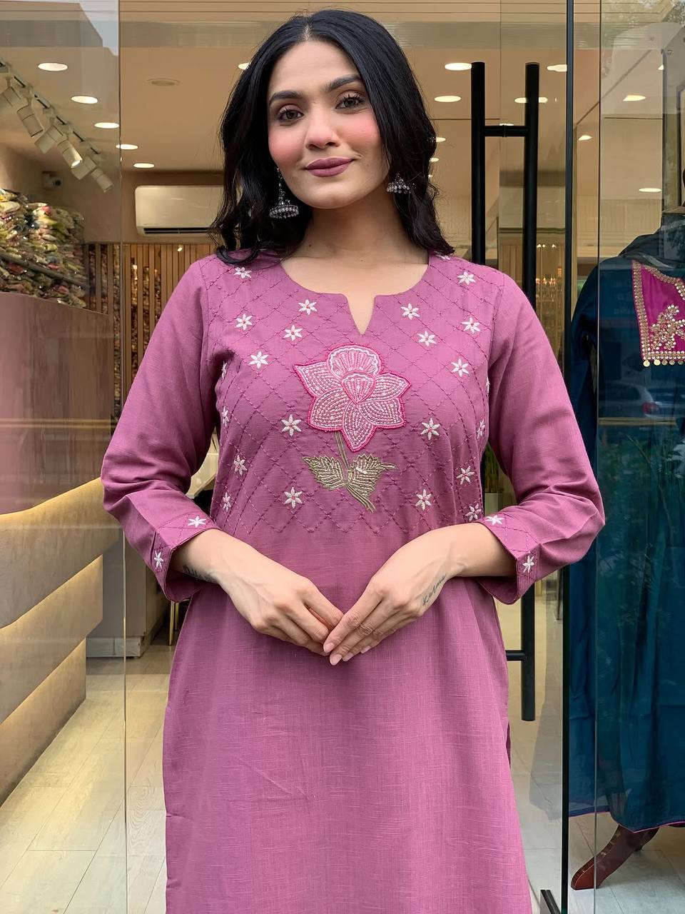 Women's Peach Cotton Kurti Pant Set with Chanderi Embroidered Dupatta