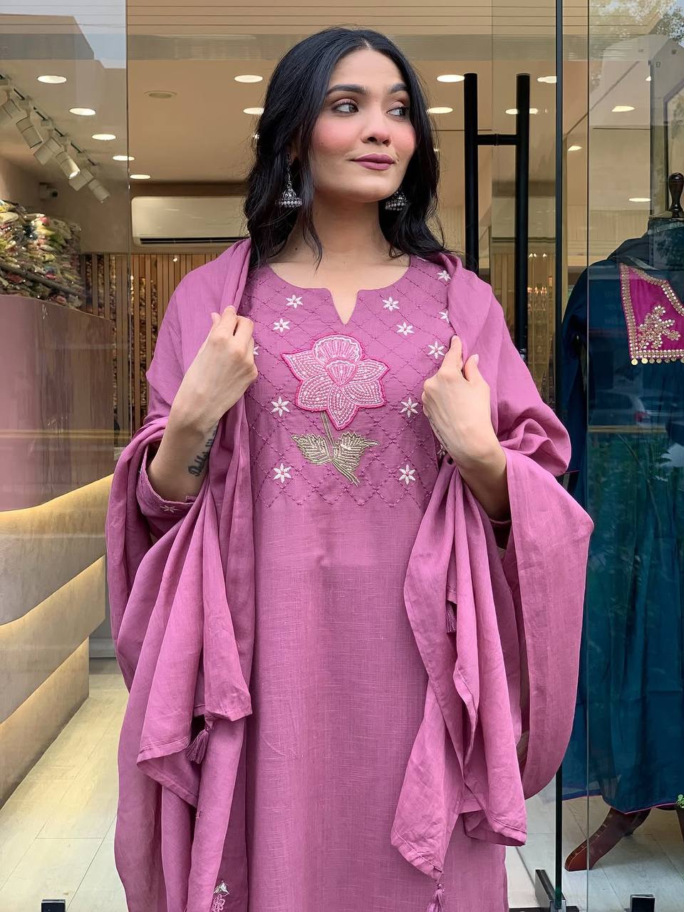 Women's Peach Cotton Kurti Pant Set with Chanderi Embroidered Dupatta