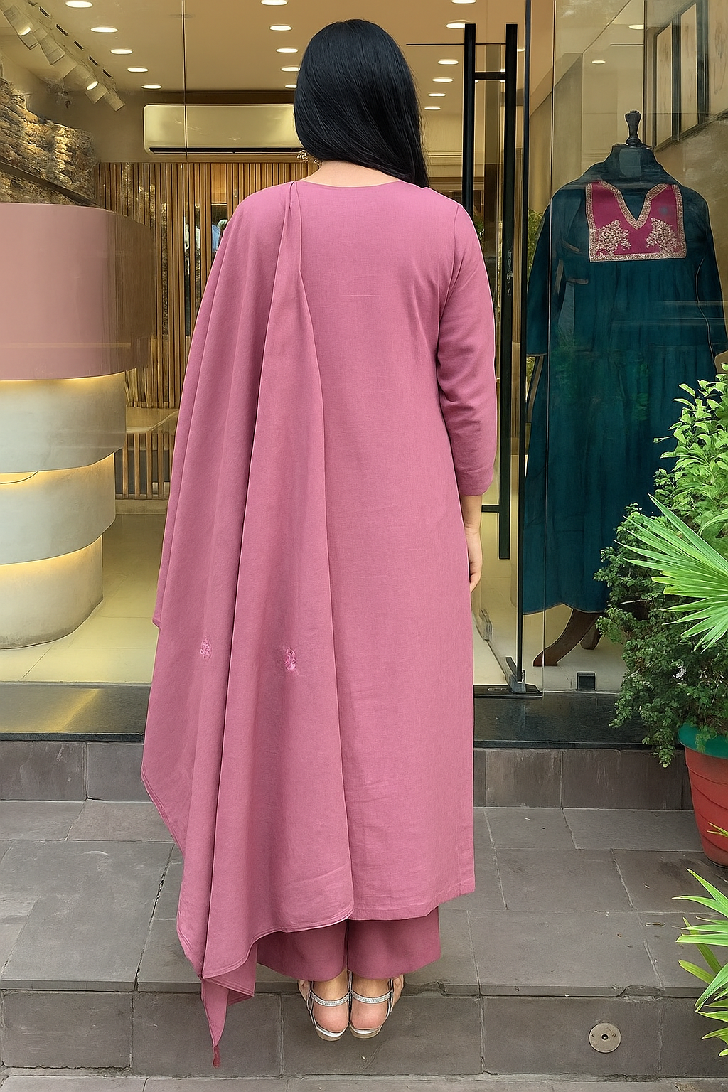 Women's Peach Cotton Kurti Pant Set with Chanderi Embroidered Dupatta