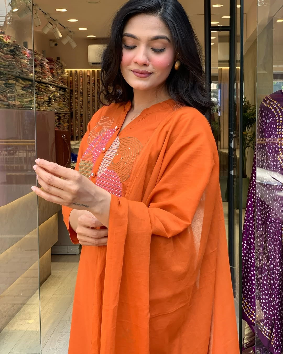 Women's Rayon Slub Kurti Pant Set with Plain Chanderi Dupatta