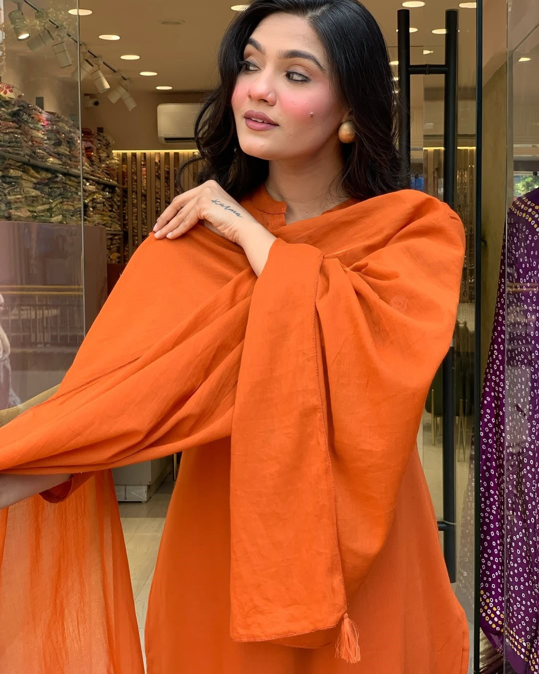 Women's Rayon Slub Kurti Pant Set with Plain Chanderi Dupatta