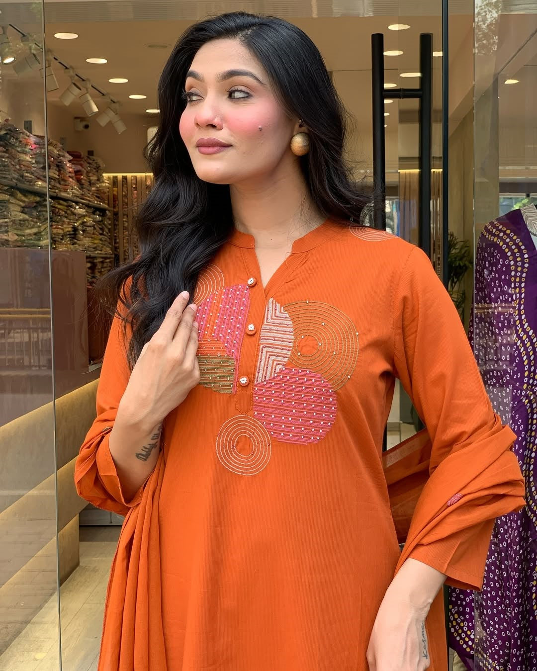 Women's Rayon Slub Kurti Pant Set with Plain Chanderi Dupatta