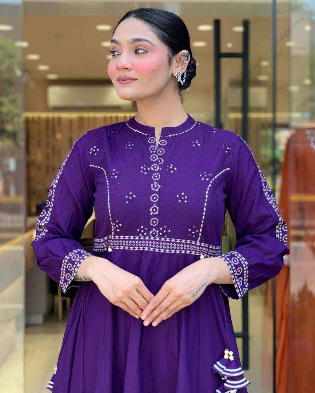 Women's Muslin Cotton Kurti with Hand Printed Tassels & Chanderi Dupatta