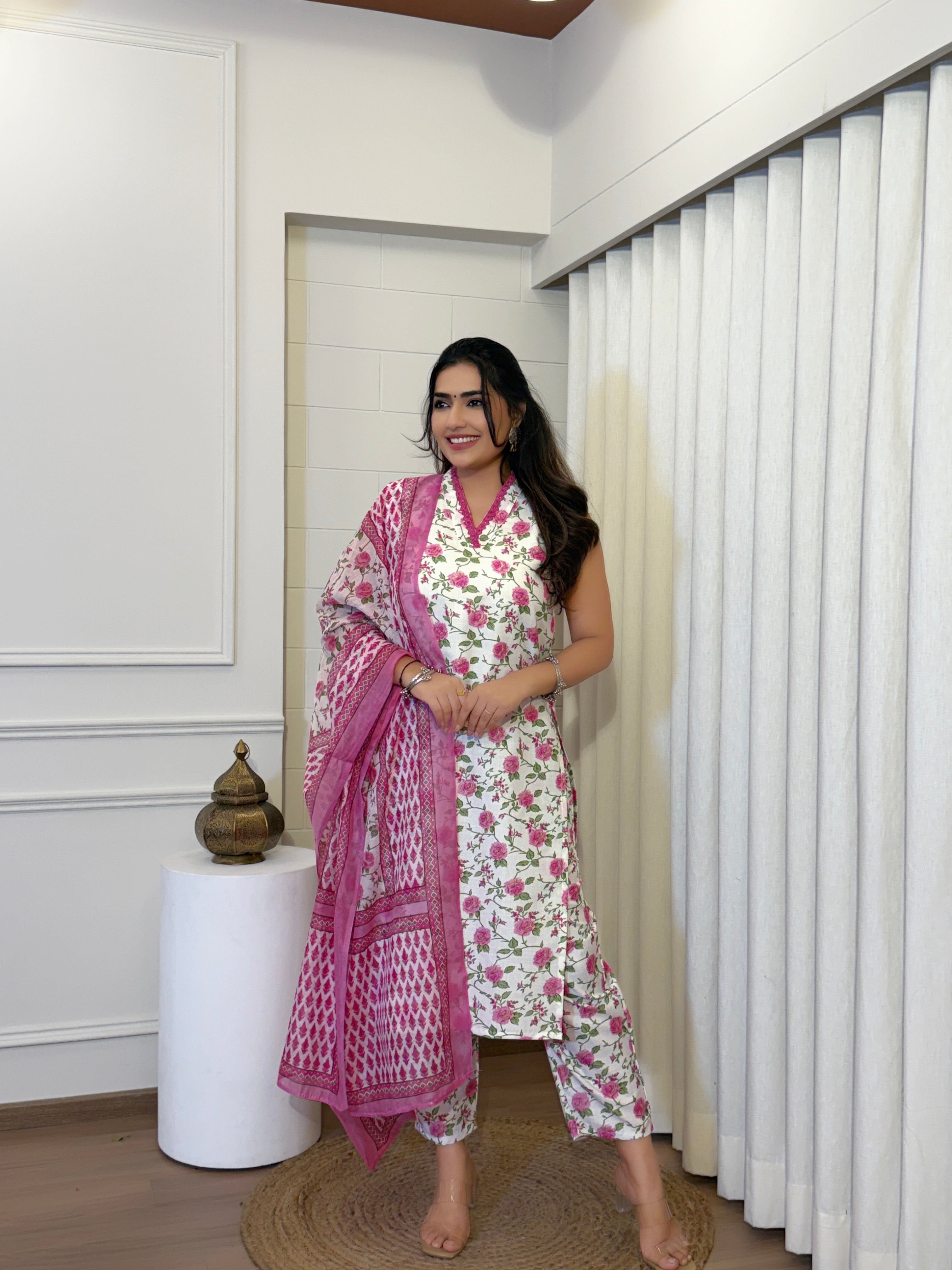 Women's Cotton Slub Floral Kurti Set with Chanderi Dupatta