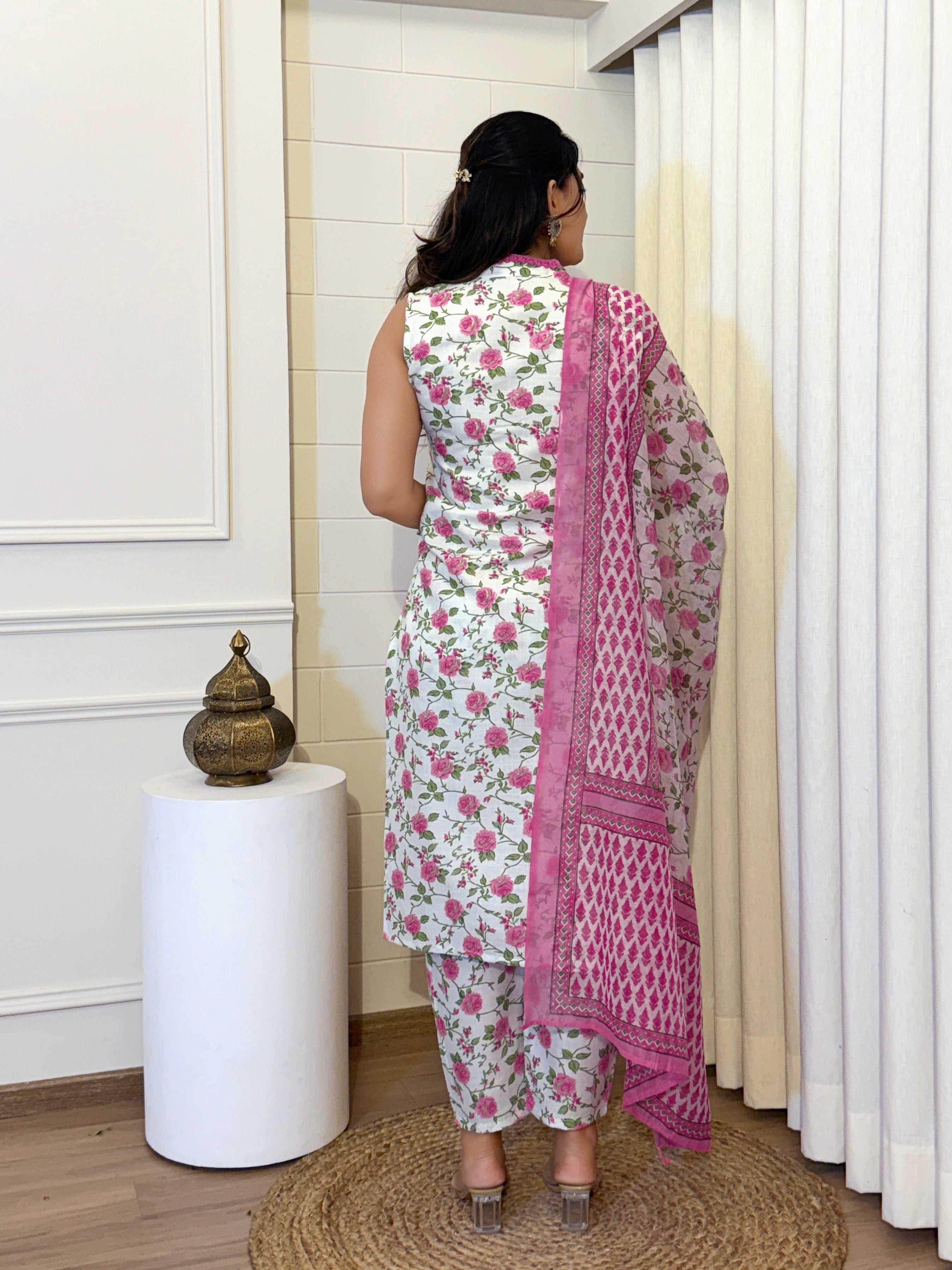 Women's Cotton Slub Floral Kurti Set with Chanderi Dupatta