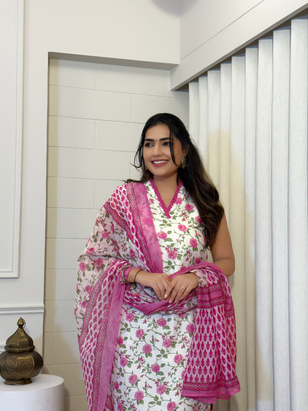 Women's Cotton Slub Floral Kurti Set with Chanderi Dupatta