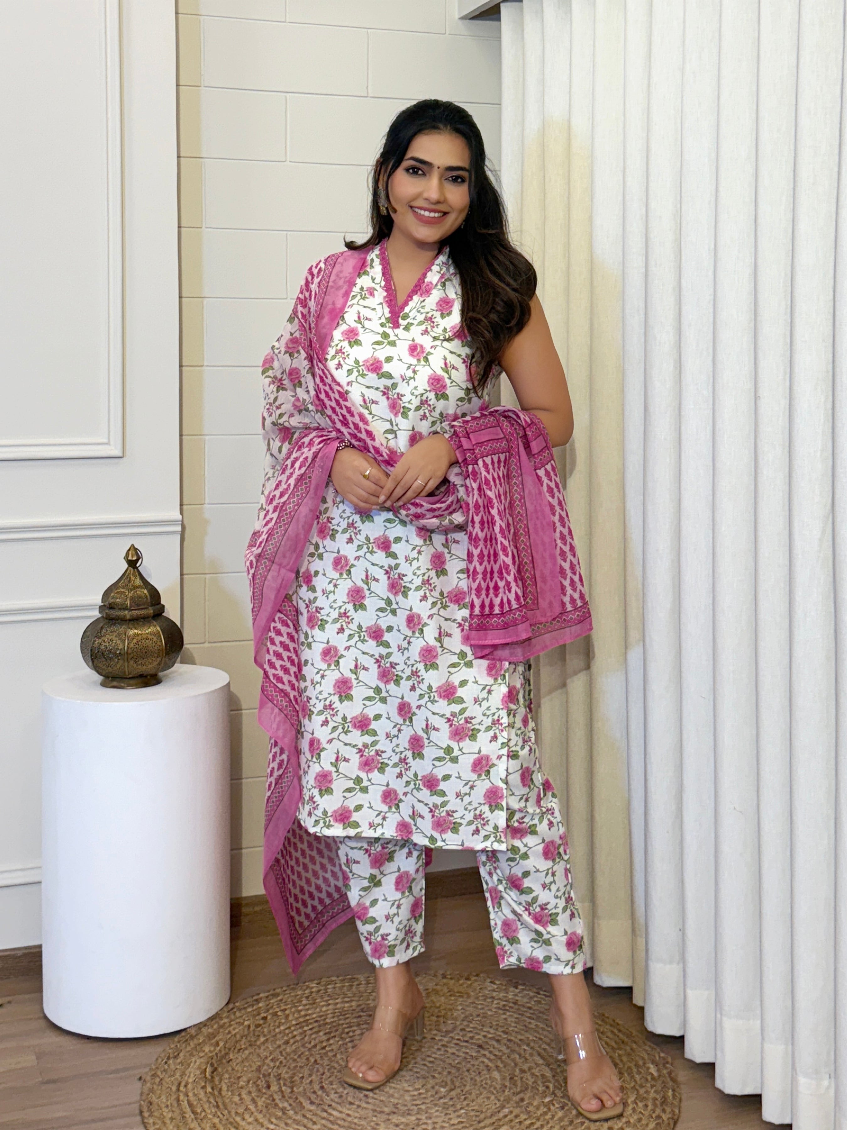 Women's Cotton Slub Floral Kurti Set with Chanderi Dupatta