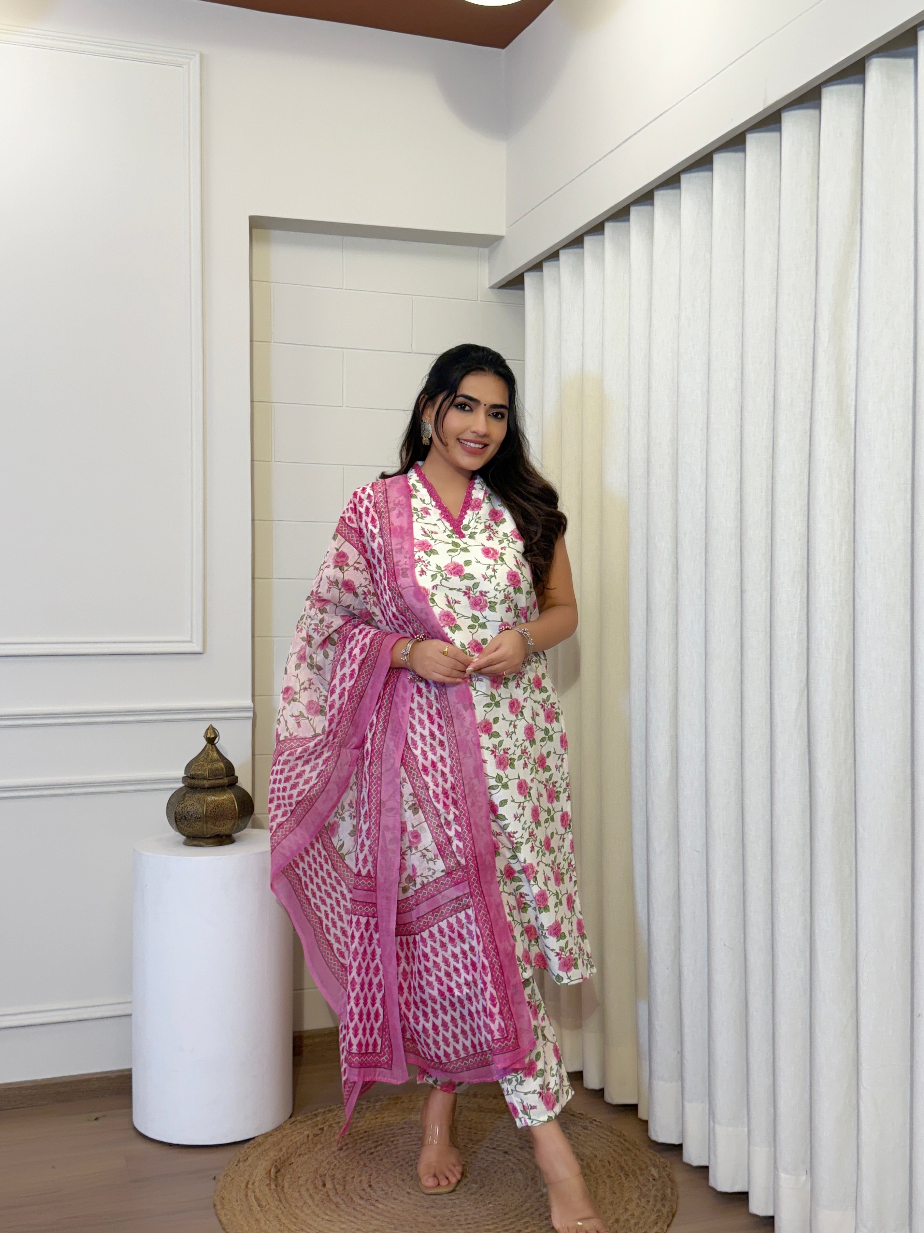 Women's Cotton Slub Floral Kurti Set with Chanderi Dupatta