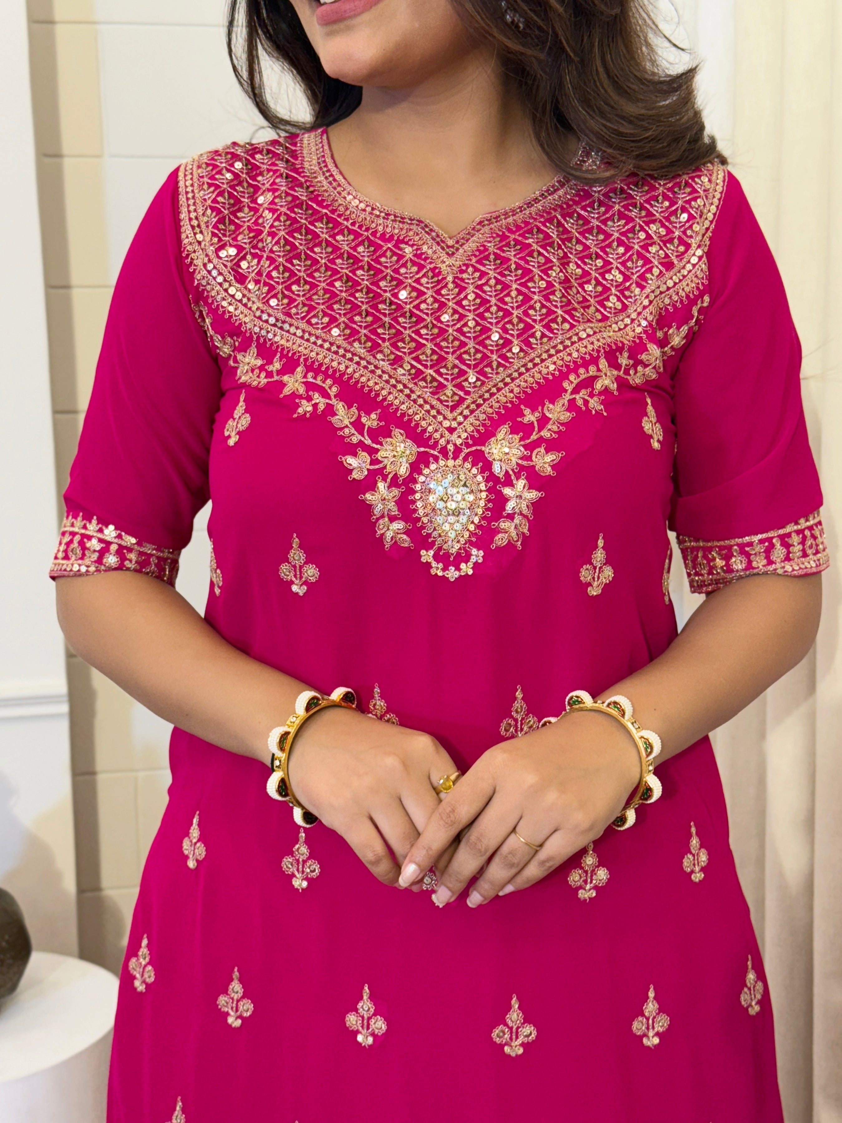 Women's Georgette Embroidered Kurti Set with Butter Net Dupatta