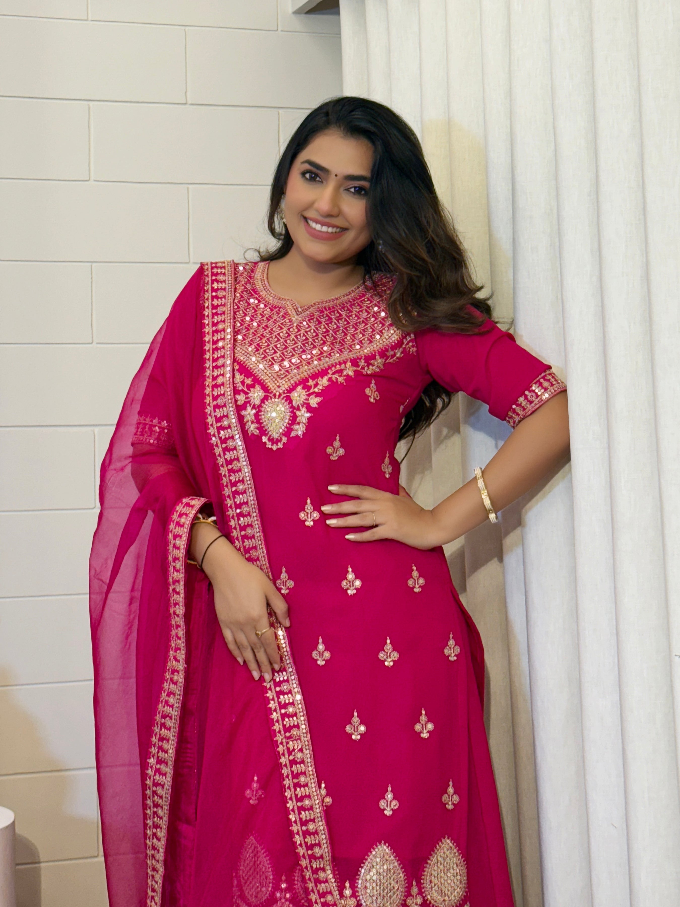 Women's Georgette Embroidered Kurti Set with Butter Net Dupatta