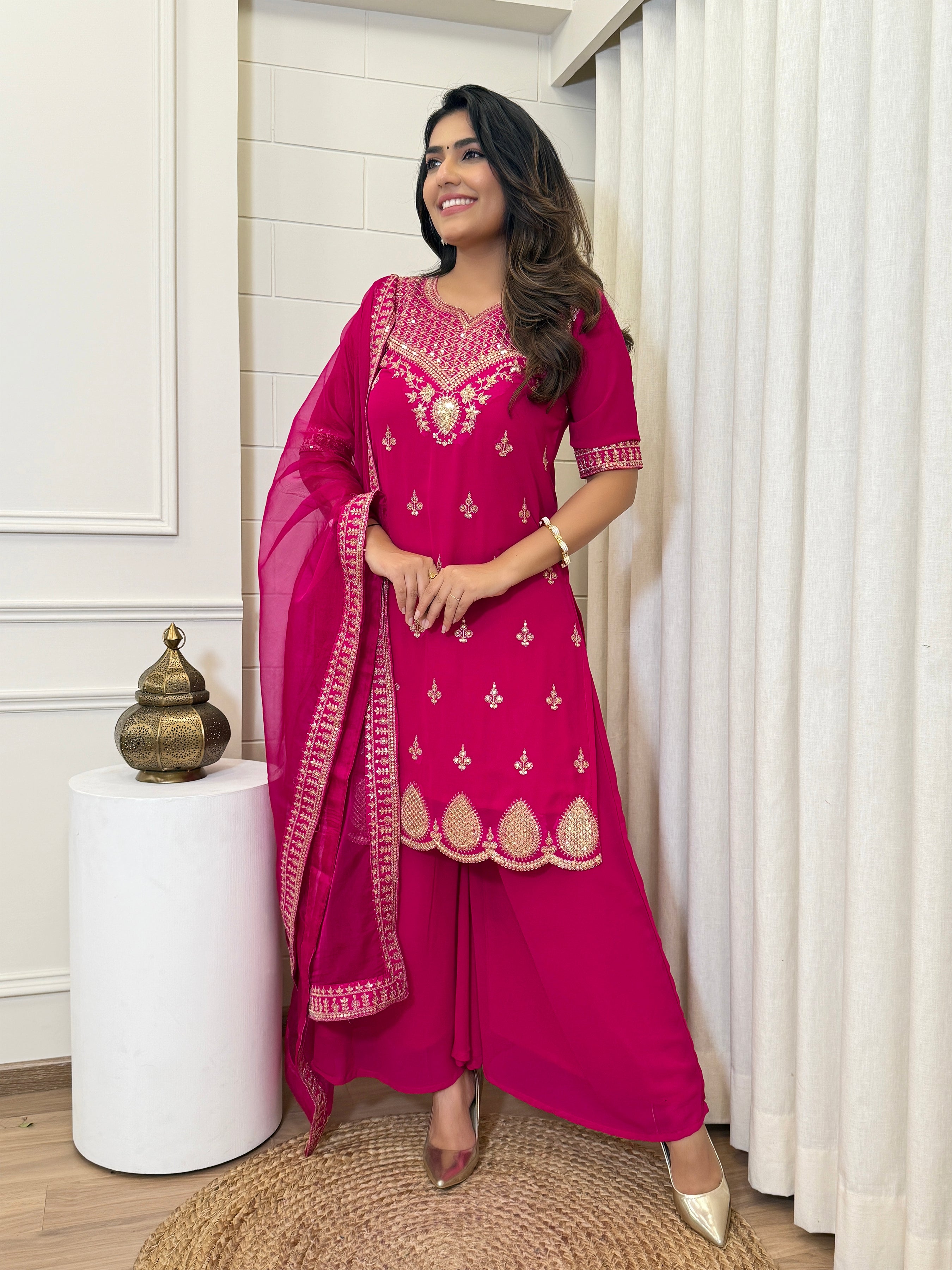 Women's Georgette Embroidered Kurti Set with Butter Net Dupatta