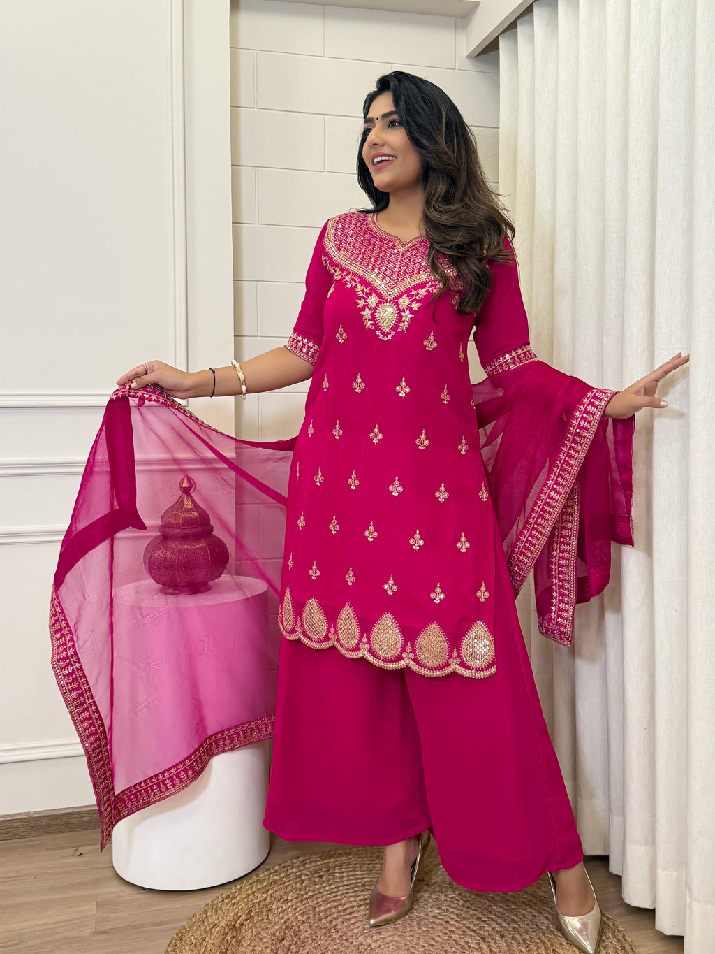 Women's Georgette Embroidered Kurti Set with Butter Net Dupatta