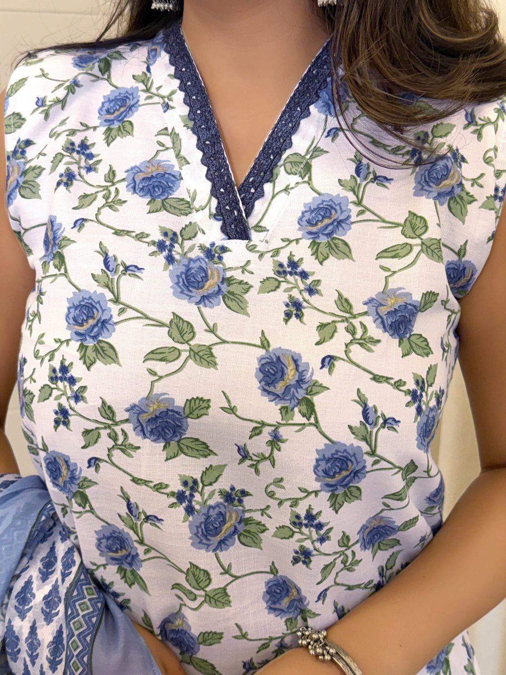 Women's Cotton Slub Floral Kurti Set with Chanderi Dupatta